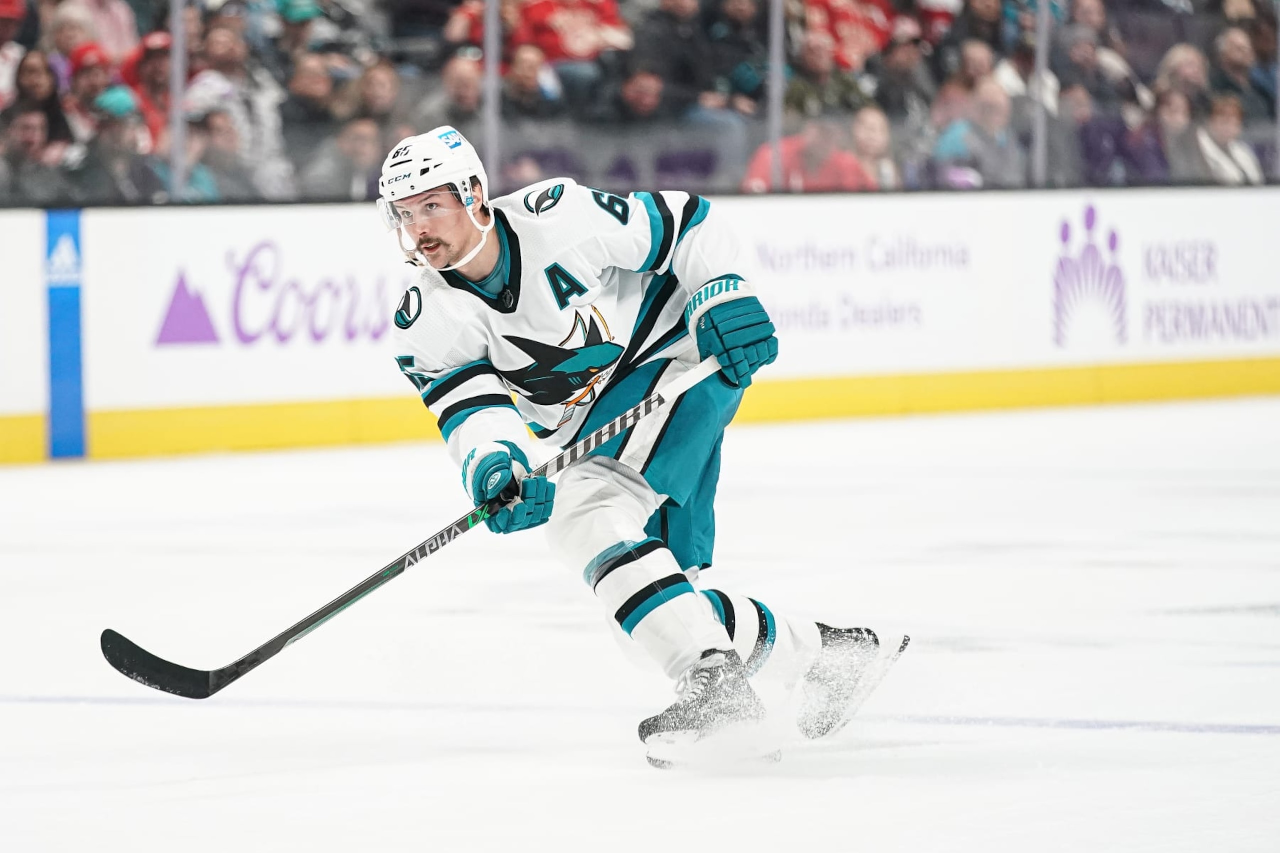 SAN JOSE, CA - NOVEMBER 17: Erik Karlsson #65 of the San Jose Sharks takes a shot on goal against the Detroit Red Wings at SAP Center on November 17, 2022 in San Jose, California. (Photo by Kavin Mistry/NHLI via Getty Images)