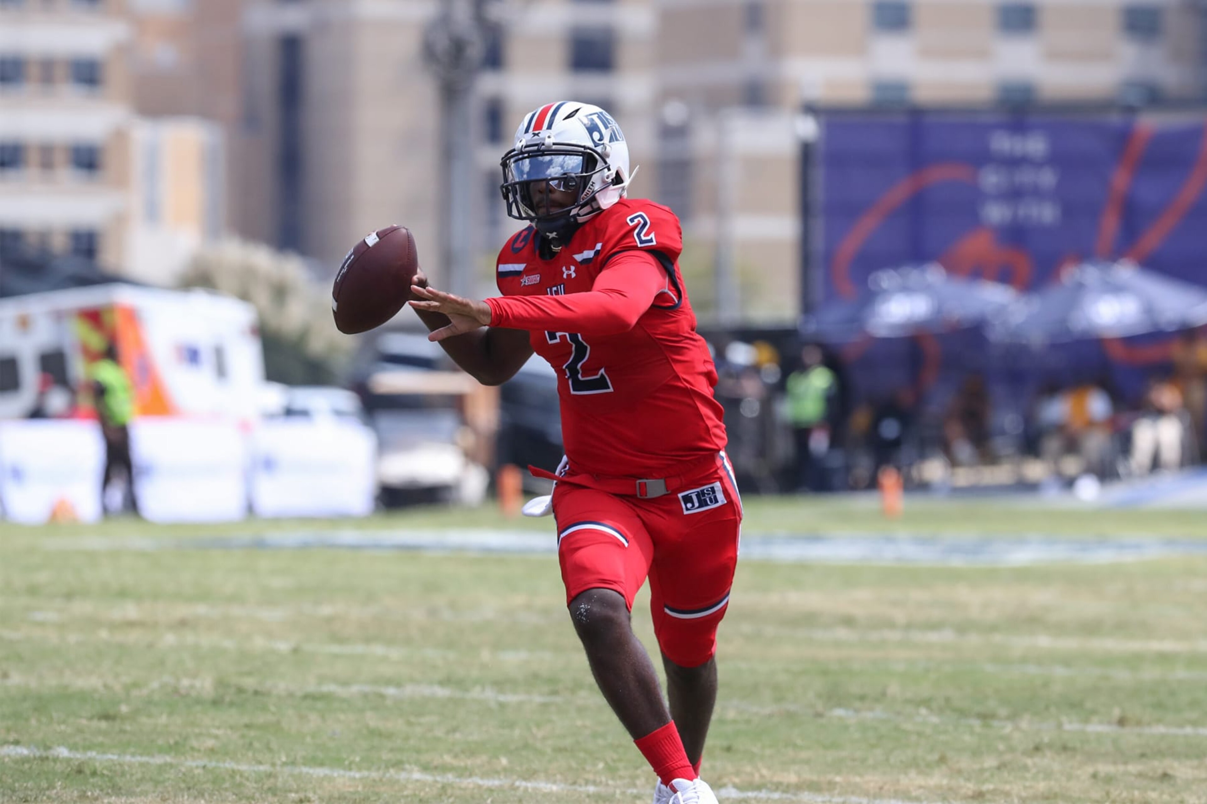 JACKSON, MISSISSIPPI SEPTEMBER 17: JSU quarterback Shedeur Sanders looks to pass during the downfield during their game against Grambling State. JSU won 66-24 in their home opener. (Aron Smith/Jackson State via Getty Images) JACKSON, MISSISSIPPI SEPTEMBER 17: JSU quarterback Shedeur Sanders looks to pass during the downfield during their game against Grambling State. JSU won 66-24 in their home opener. (Aron Smith/Jackson State via Getty Images)