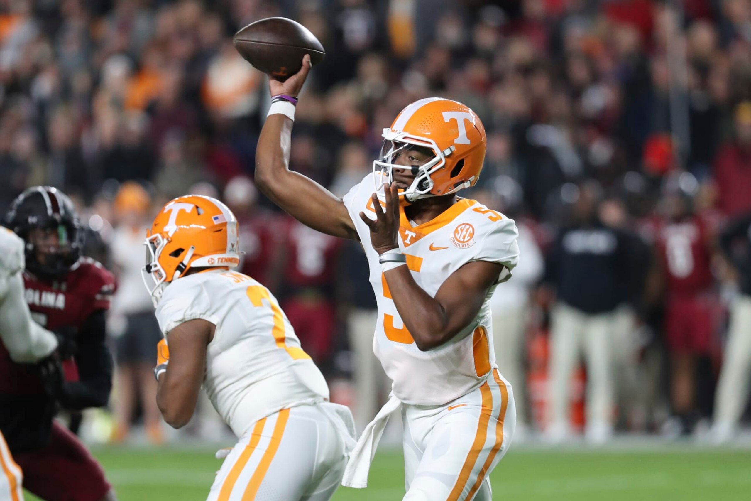 Tennessee quarterback Hendon Hooker (5) throws a short pass during the first half of the team's NCAA college football game against South Carolina on Saturday, Nov. 19, 2022, in Columbia, S.C. (AP Photo/Artie Walker Jr.)