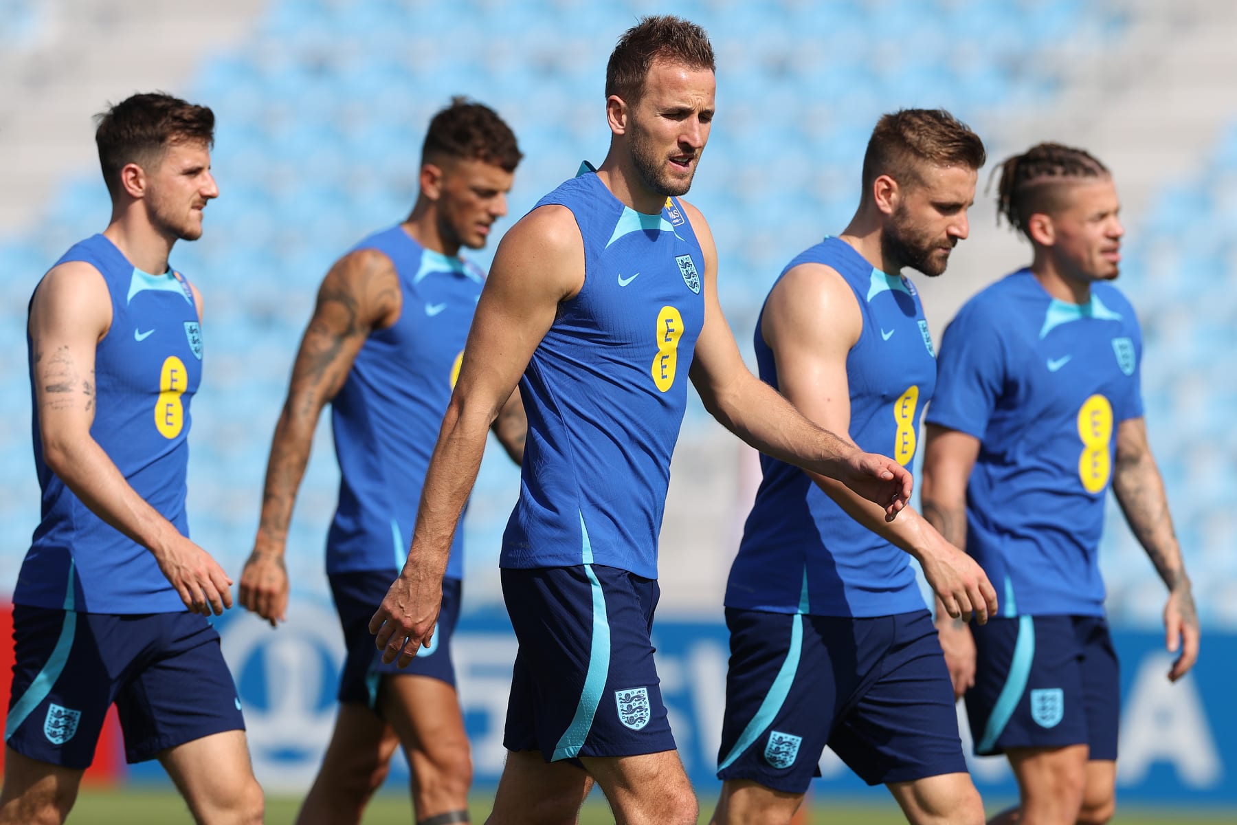 DOHA, QATAR - NOVEMBER 18:  England captain Harry Kane during the England Training Session at Al Wakrah Stadium on November 18, 2022 in Doha, Qatar. (Photo by Michael Steele/Getty Images)
