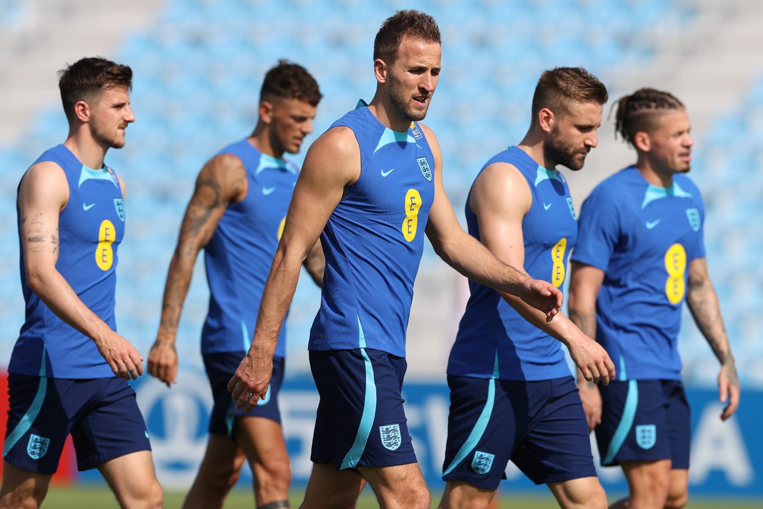 DOHA, QATAR - NOVEMBER 18: England captain Harry Kane during the England Training Session at Al Wakrah Stadium on November 18, 2022 in Doha, Qatar. (Photo by Michael Steele/Getty Images) DOHA, QATAR - NOVEMBER 18: England captain Harry Kane during the England Training Session at Al Wakrah Stadium on November 18, 2022 in Doha, Qatar. (Photo by Michael Steele/Getty Images)