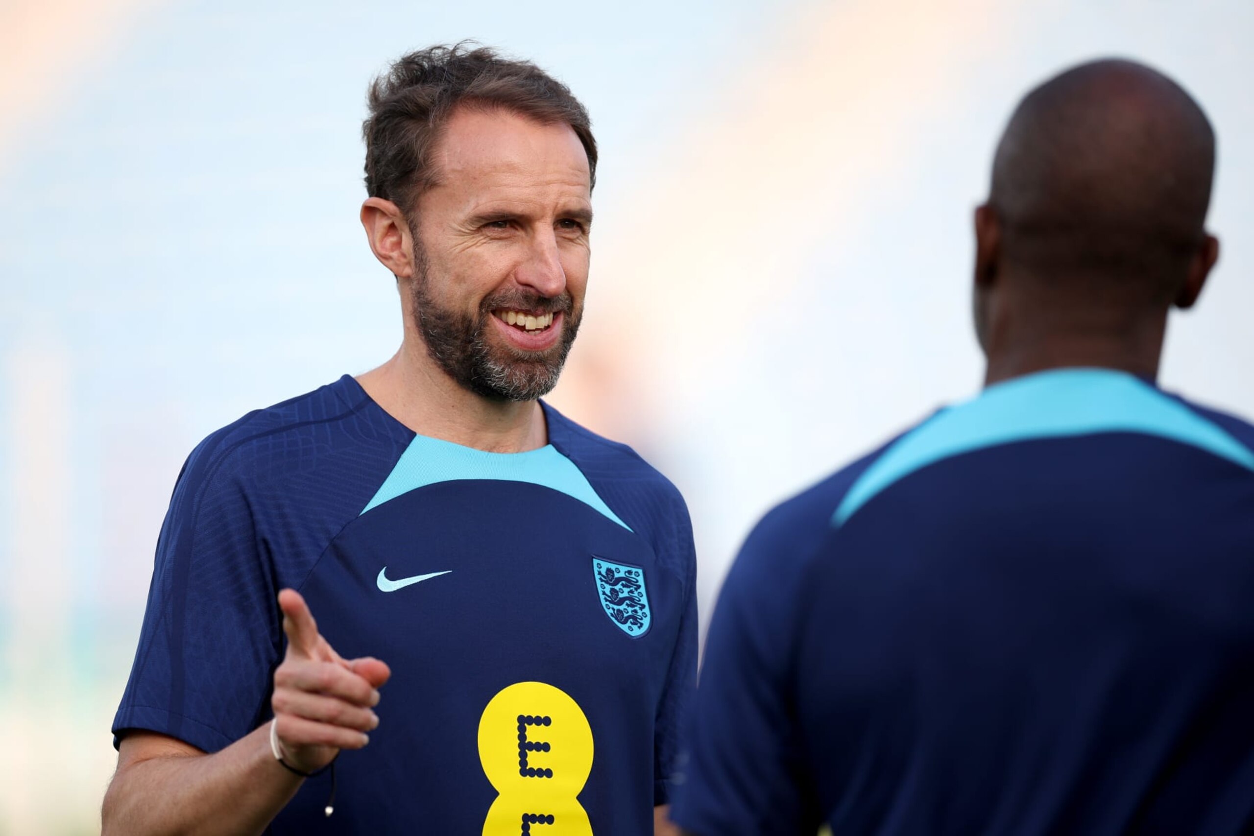 DOHA, QATAR - NOVEMBER 19: Gareth Southgate, Manager of England reacts during a training session at Al Wakrah Stadium on November 19, 2022 in Doha, Qatar. (Photo by Eddie Keogh - The FA/The FA via Getty Images) DOHA, QATAR - NOVEMBER 19: Gareth Southgate, Manager of England reacts during a training session at Al Wakrah Stadium on November 19, 2022 in Doha, Qatar. (Photo by Eddie Keogh - The FA/The FA via Getty Images)