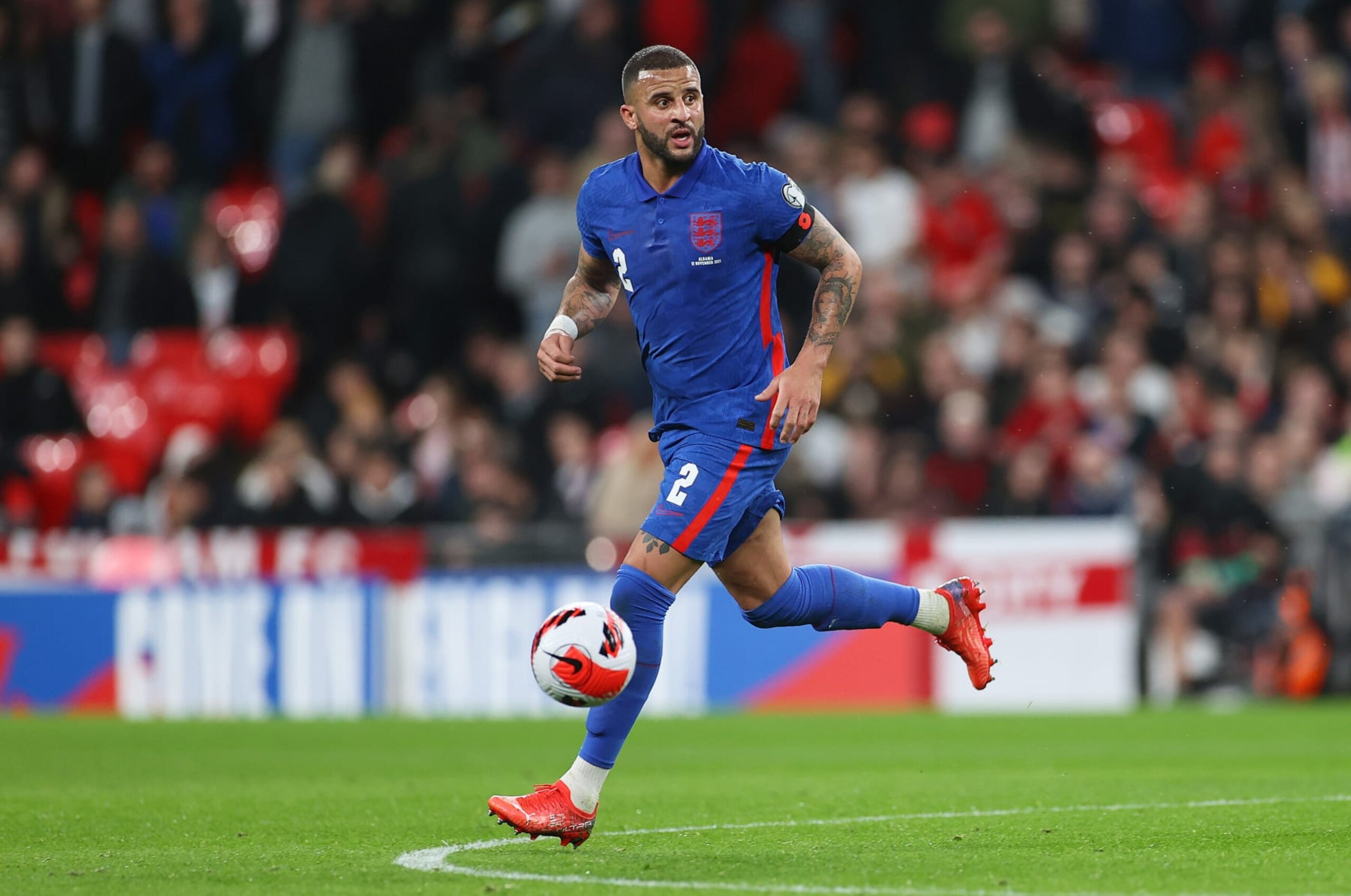 LONDON, ENGLAND - NOVEMBER 12: Kyle Walker of England controls the ball during the 2022 FIFA World Cup Qualifier match between England and Albania at Wembley Stadium on November 12, 2021 in London, England. (Photo by Eddie Keogh - The FA/The FA via Getty Images ) LONDON, ENGLAND - NOVEMBER 12: Kyle Walker of England controls the ball during the 2022 FIFA World Cup Qualifier match between England and Albania at Wembley Stadium on November 12, 2021 in London, England. (Photo by Eddie Keogh - The FA/The FA via Getty Images )