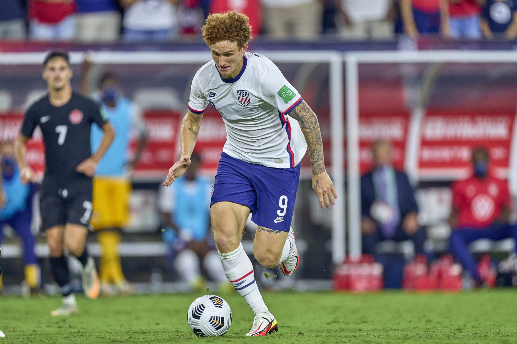 NASHVILLE, TN - SEPTEMBER 05: United States forward Josh Sargent (9) dribbles the ball during a CONCACAF World Cup qualifying match between the United States and Canada on September 5, 2021 at Nissan Stadium in Nashville, TN. (Photo by Robin Alam/Icon Sportswire via Getty Images)