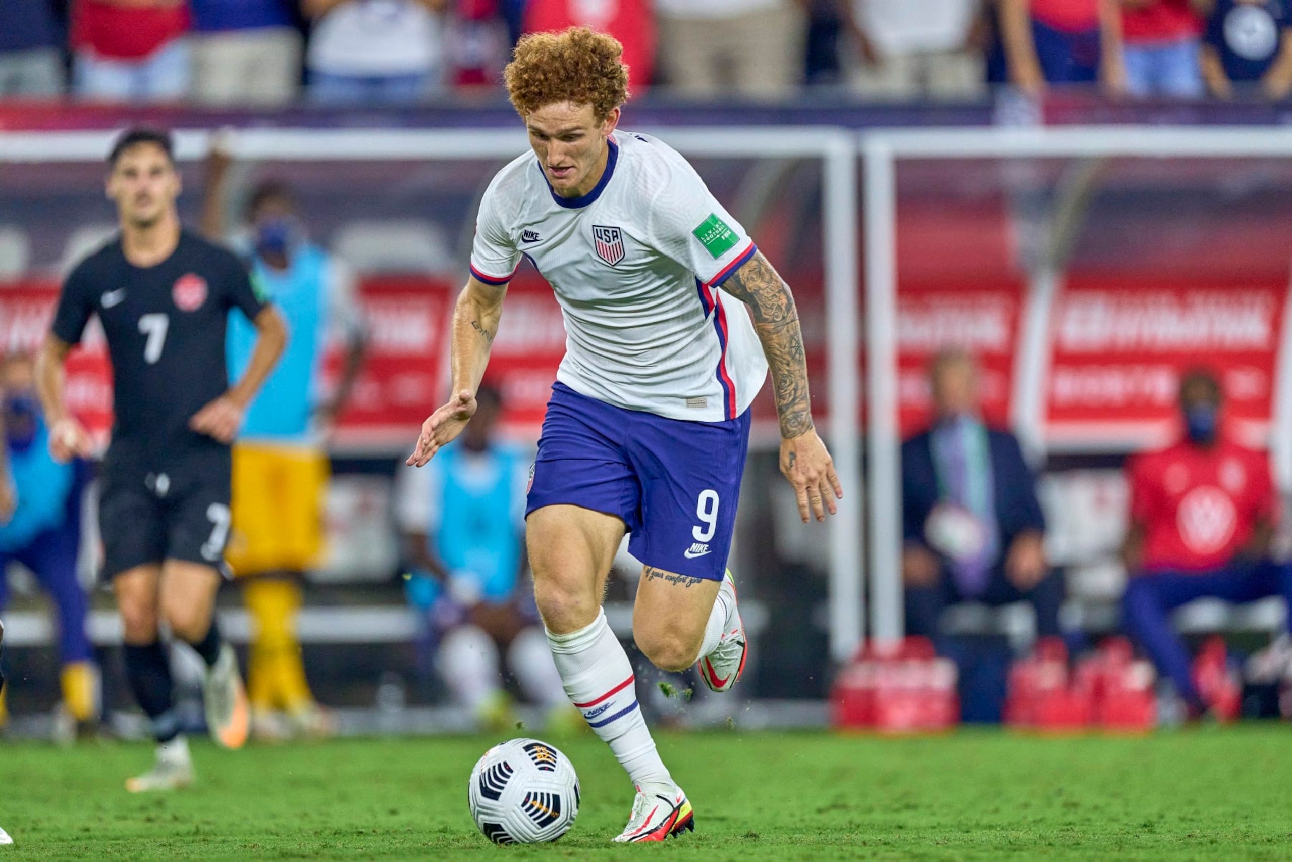 NASHVILLE, TN - SEPTEMBER 05: United States forward Josh Sargent (9) dribbles the ball during a CONCACAF World Cup qualifying match between the United States and Canada on September 5, 2021 at Nissan Stadium in Nashville, TN. (Photo by Robin Alam/Icon Sportswire via Getty Images) NASHVILLE, TN - SEPTEMBER 05: United States forward Josh Sargent (9) dribbles the ball during a CONCACAF World Cup qualifying match between the United States and Canada on September 5, 2021 at Nissan Stadium in Nashville, TN. (Photo by Robin Alam/Icon Sportswire via Getty Images)