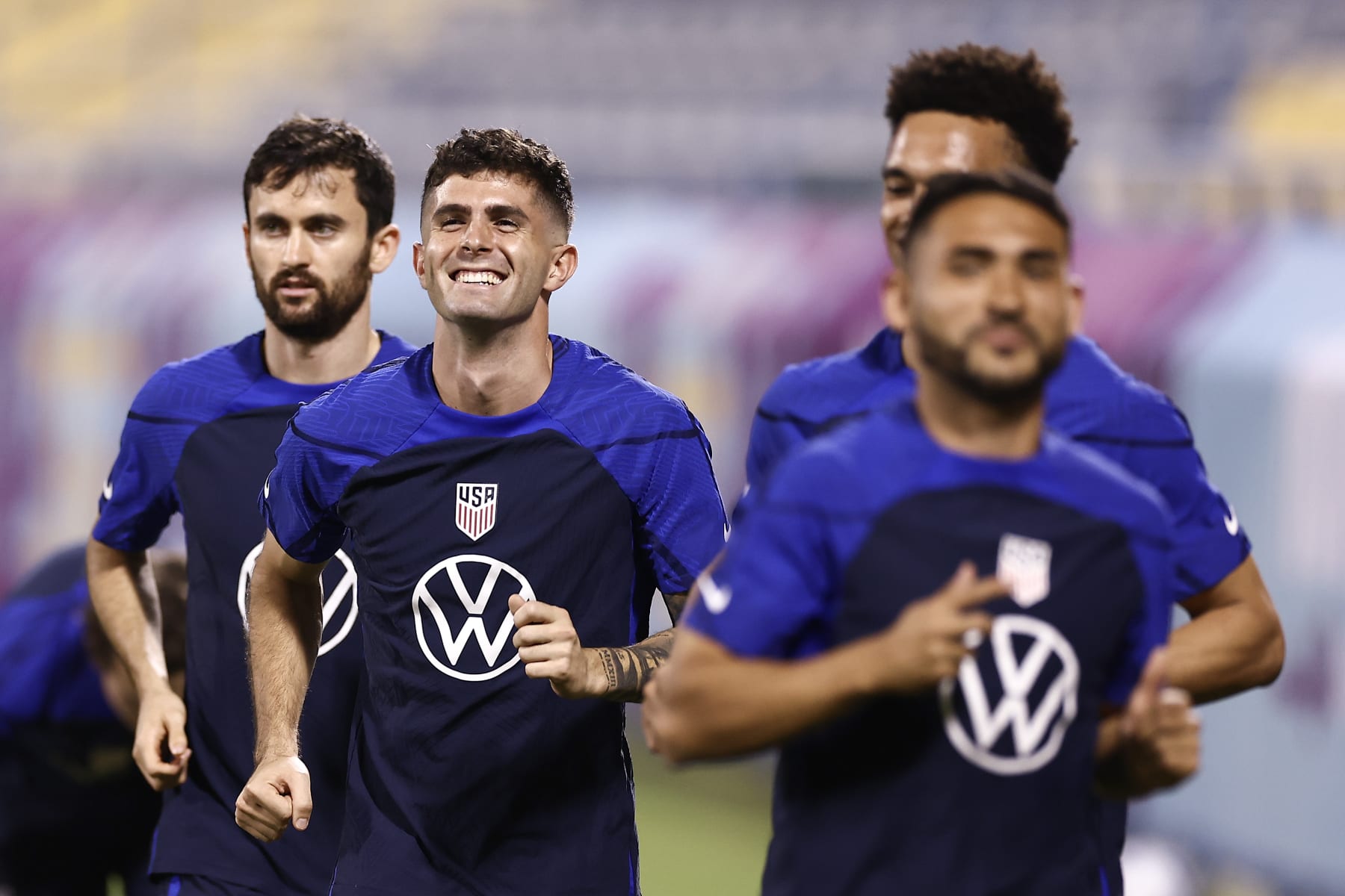 DOHA, QATAR - NOVEMBER 19: Christian Pulisic of United States reacts during the United States Training and Press Conference at Al Gharafa SC Stadium on November 19, 2022 in Doha, Qatar. (Photo by Tim Nwachukwu/Getty Images)