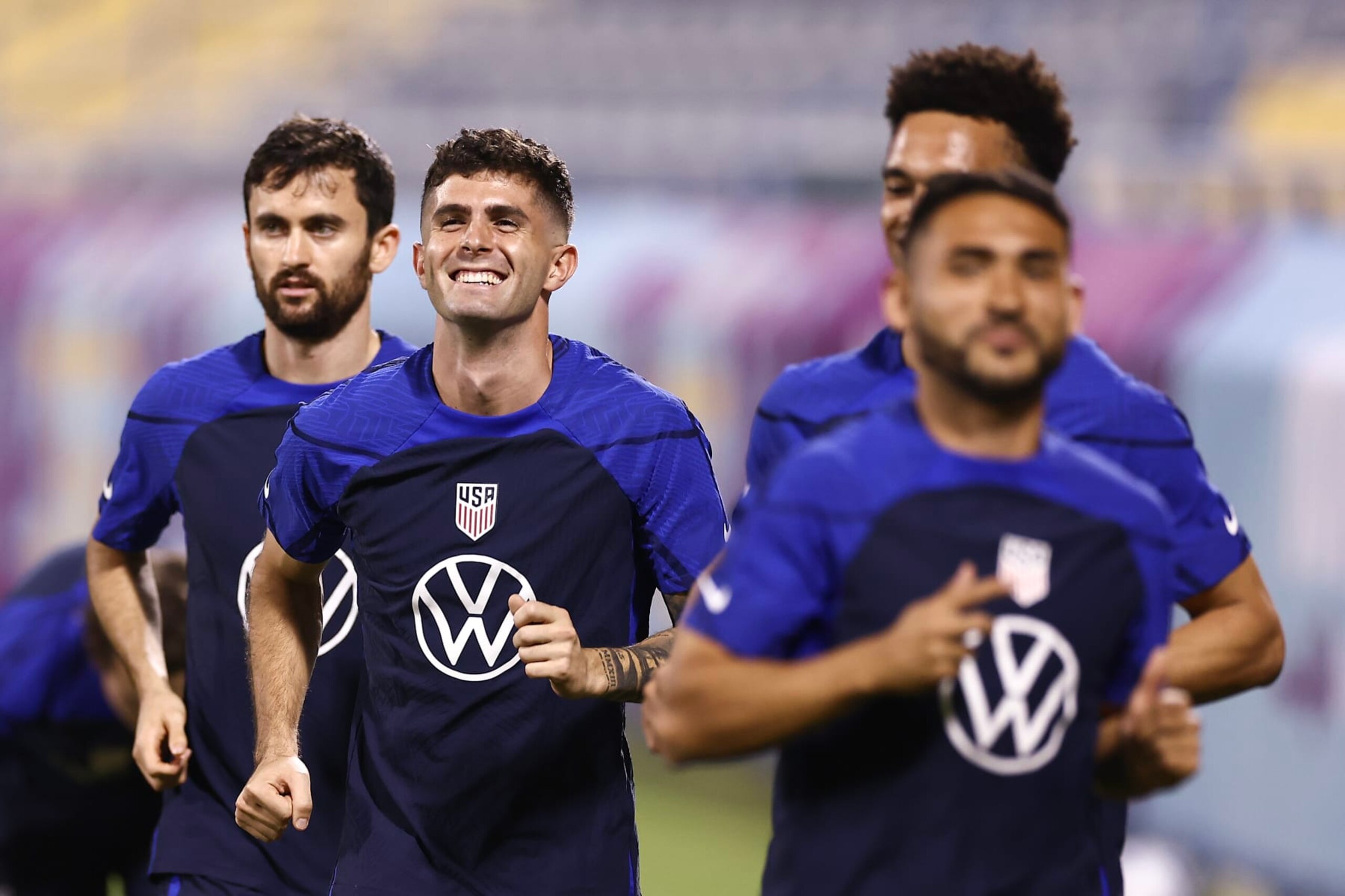 DOHA, QATAR - NOVEMBER 19: Christian Pulisic of United States reacts during the United States Training and Press Conference at Al Gharafa SC Stadium on November 19, 2022 in Doha, Qatar. (Photo by Tim Nwachukwu/Getty Images) DOHA, QATAR - NOVEMBER 19: Christian Pulisic of United States reacts during the United States Training and Press Conference at Al Gharafa SC Stadium on November 19, 2022 in Doha, Qatar. (Photo by Tim Nwachukwu/Getty Images)