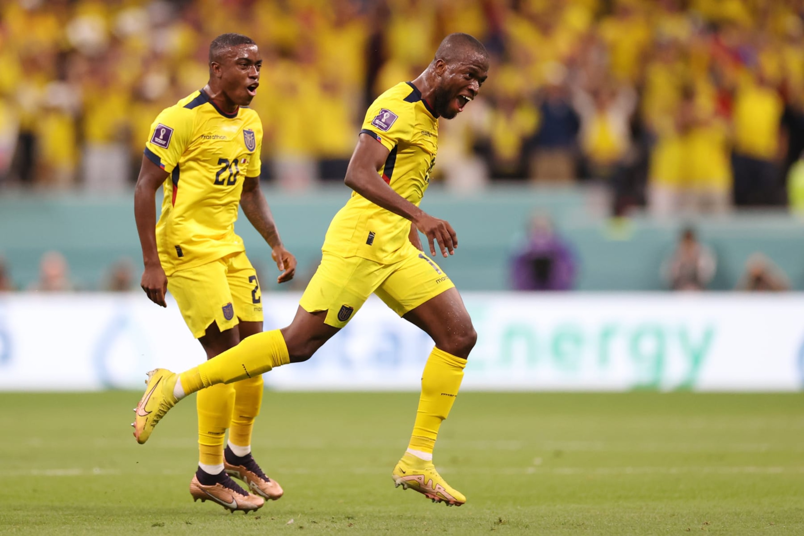 AL KHOR, QATAR - NOVEMBER 20: Enner Valencia (R) of Ecuador celebrates with Jhegson Mendez (L) after scoring their team's second goal during the FIFA World Cup Qatar 2022 Group A match between Qatar and Ecuador at Al Bayt Stadium on November 20, 2022 in Al Khor, Qatar. (Photo by Michael Steele/Getty Images)
