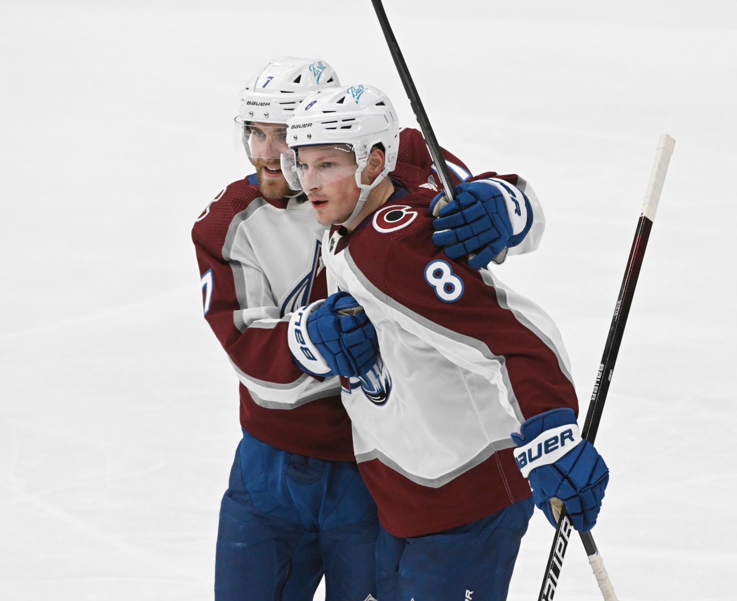 Colorado Avalanche defensemen Devon Toews (left) and Cale Makar.