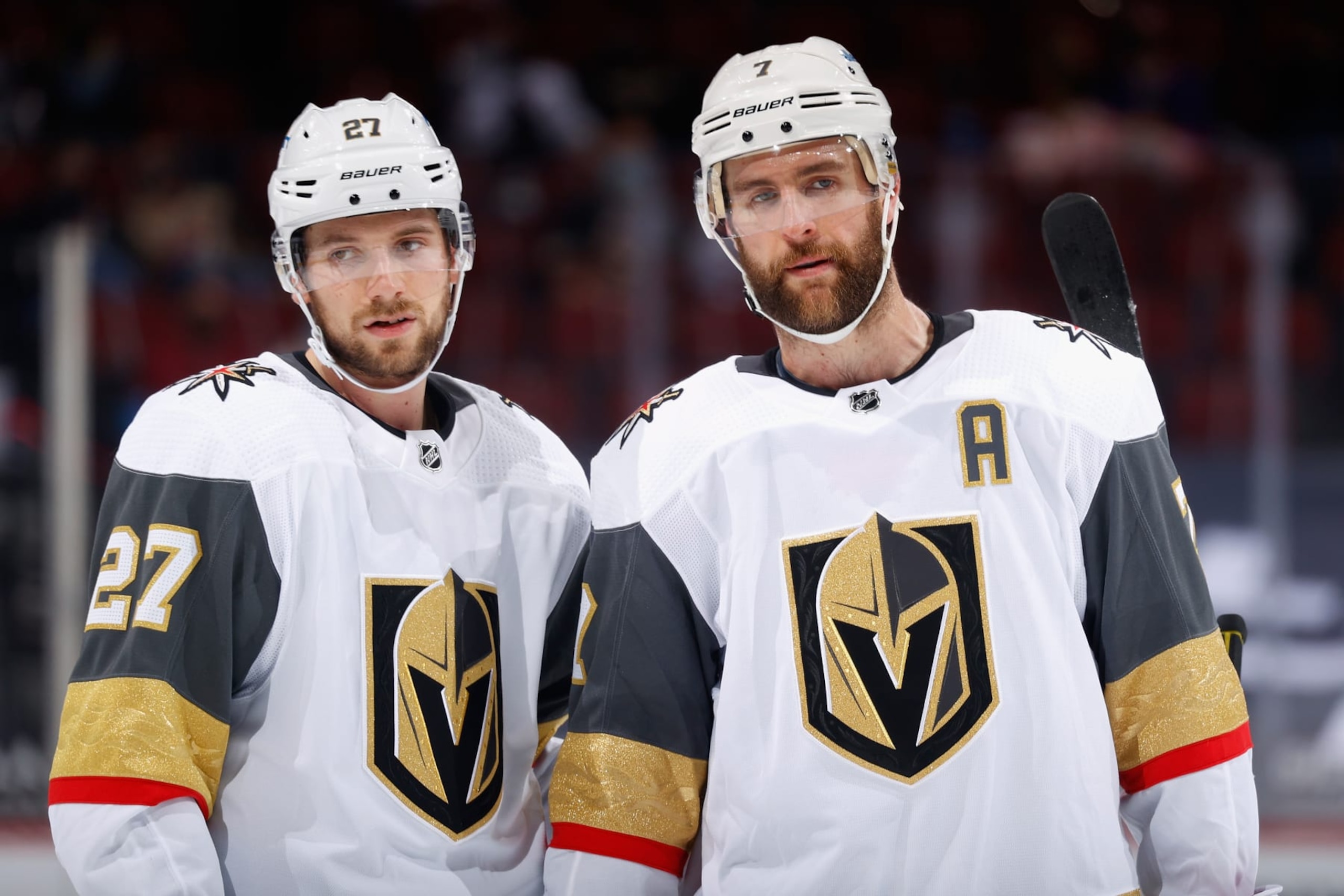 Vegas Golden Knights defensemen Shea Theodore and Alex Pietrangelo.