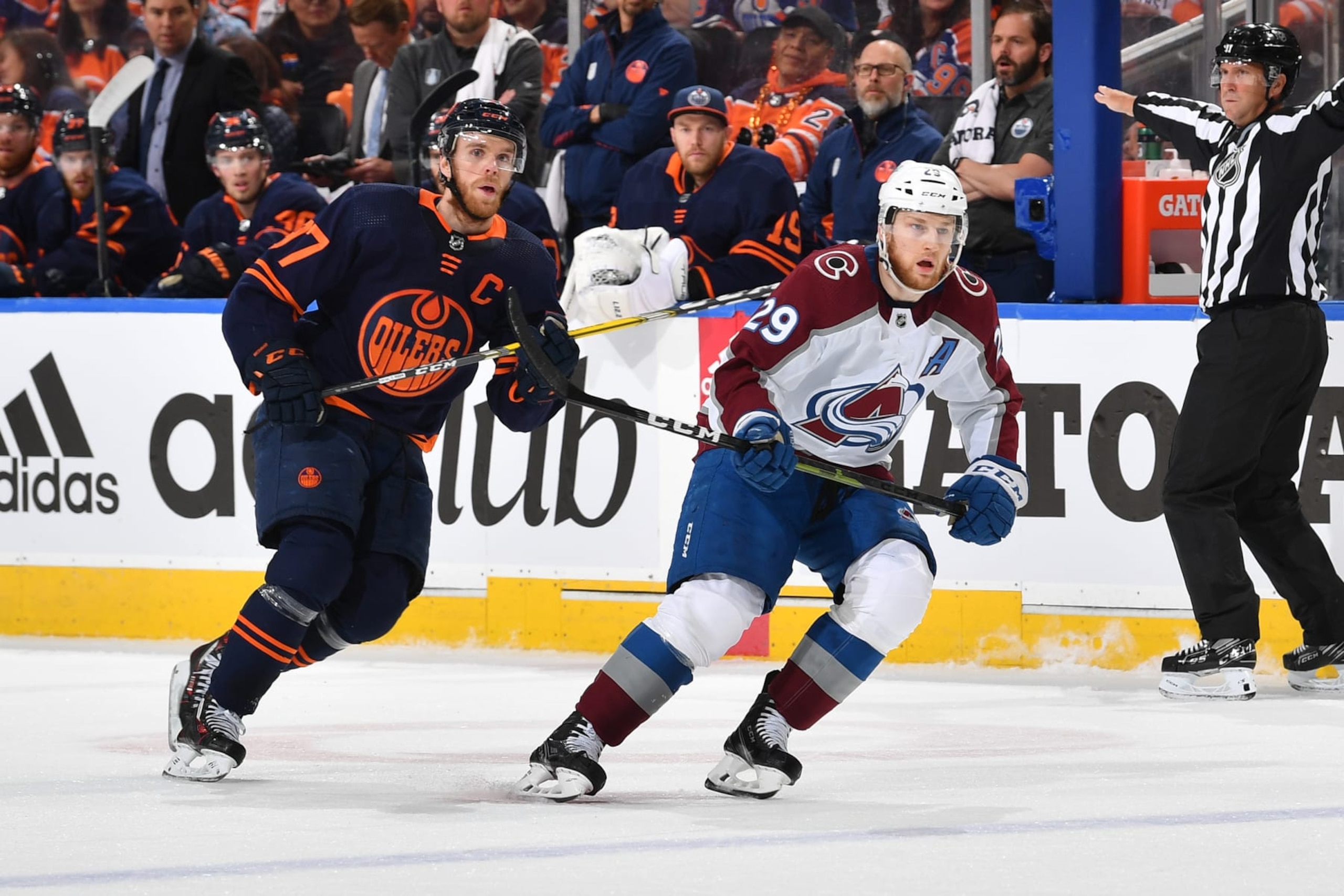 Edmonton Oilers center Connor McDavid (left) and Colorado Avalanche forward Nathan MacKinnon. 