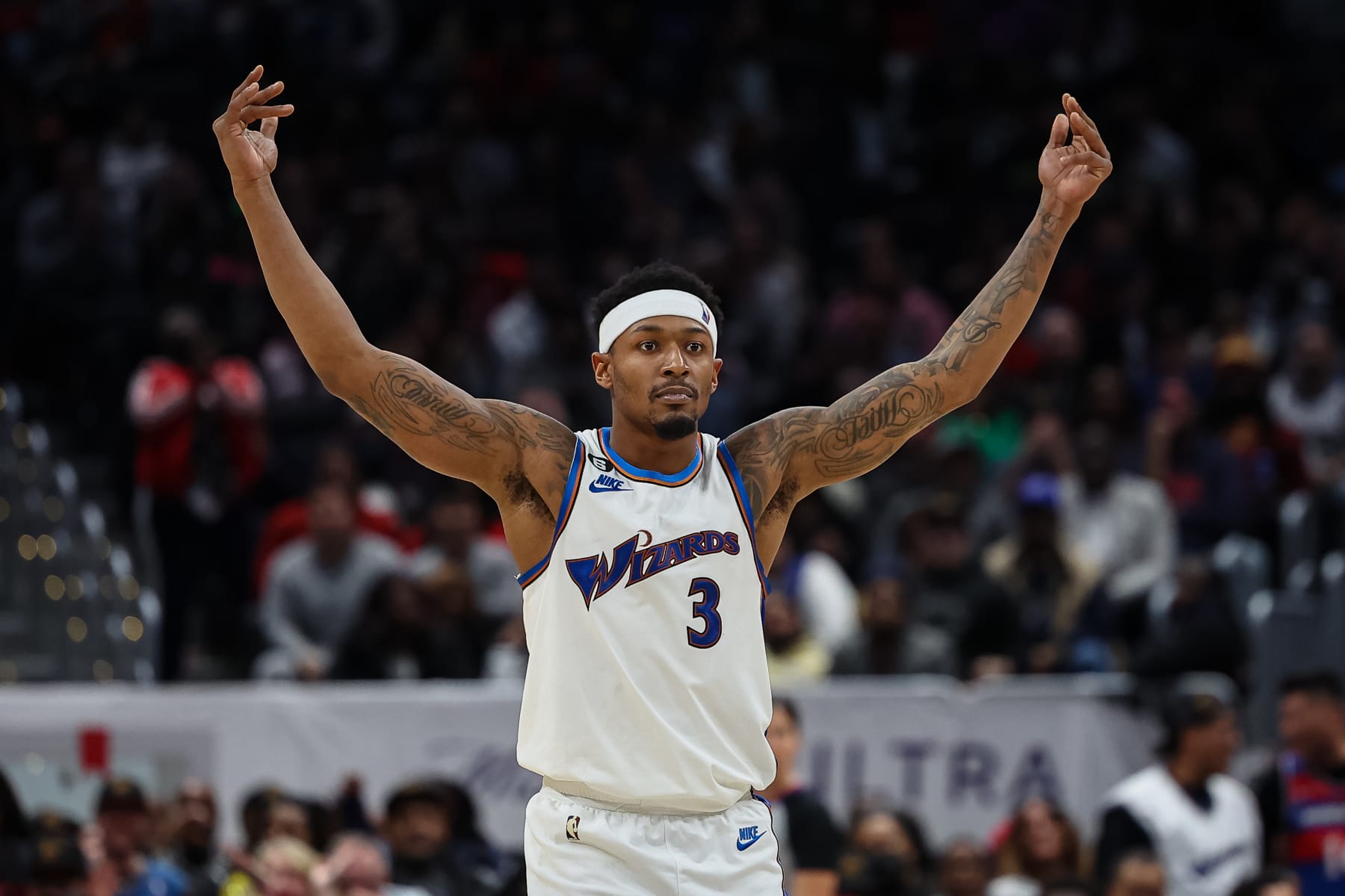 WASHINGTON, DC - NOVEMBER 18: Bradley Beal #3 of the Washington Wizards celebrates after a play against the Miami Heat during the second half at Capital One Arena on November 18, 2022 in Washington, DC. NOTE TO USER: User expressly acknowledges and agrees that, by downloading and or using this photograph, User is consenting to the terms and conditions of the Getty Images License Agreement. (Photo by Scott Taetsch/Getty Images)
