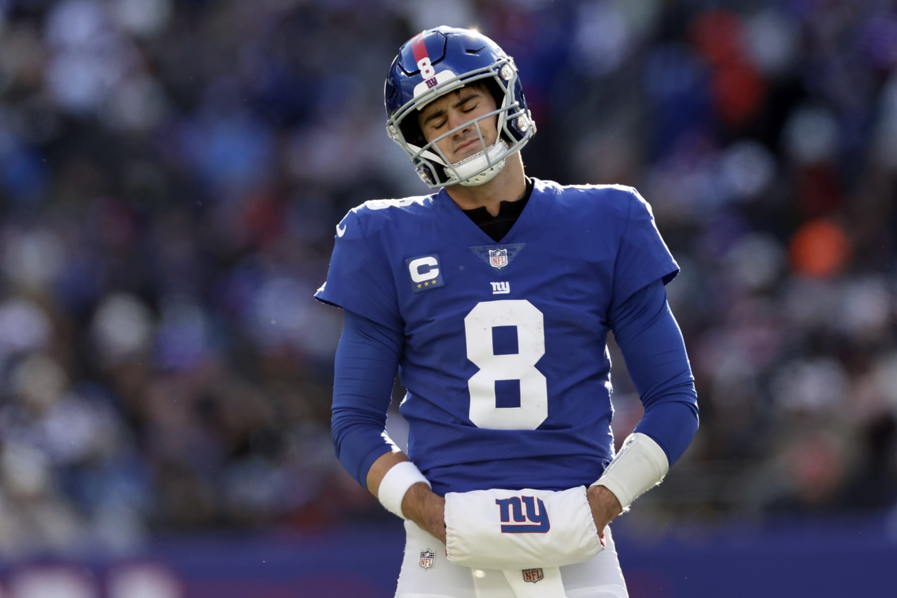 New York Giants quarterback Daniel Jones (8) reacts against the Detroit Lions during an NFL football game Sunday, Nov. 20, 2022, in East Rutherford, N.J. (AP Photo/Adam Hunger)
