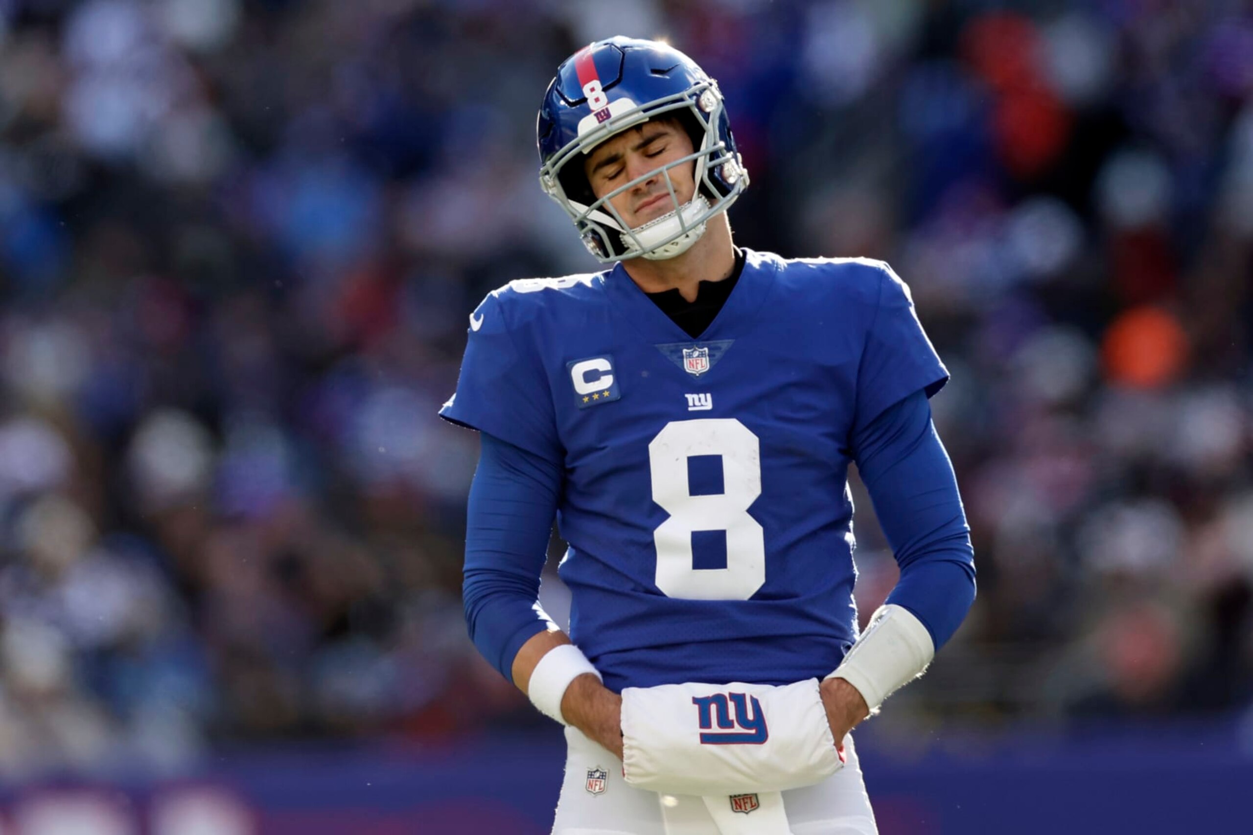 New York Giants quarterback Daniel Jones (8) reacts against the Detroit Lions during an NFL football game Sunday, Nov. 20, 2022, in East Rutherford, N.J. (AP Photo/Adam Hunger) New York Giants quarterback Daniel Jones (8) reacts against the Detroit Lions during an NFL football game Sunday, Nov. 20, 2022, in East Rutherford, N.J. (AP Photo/Adam Hunger)