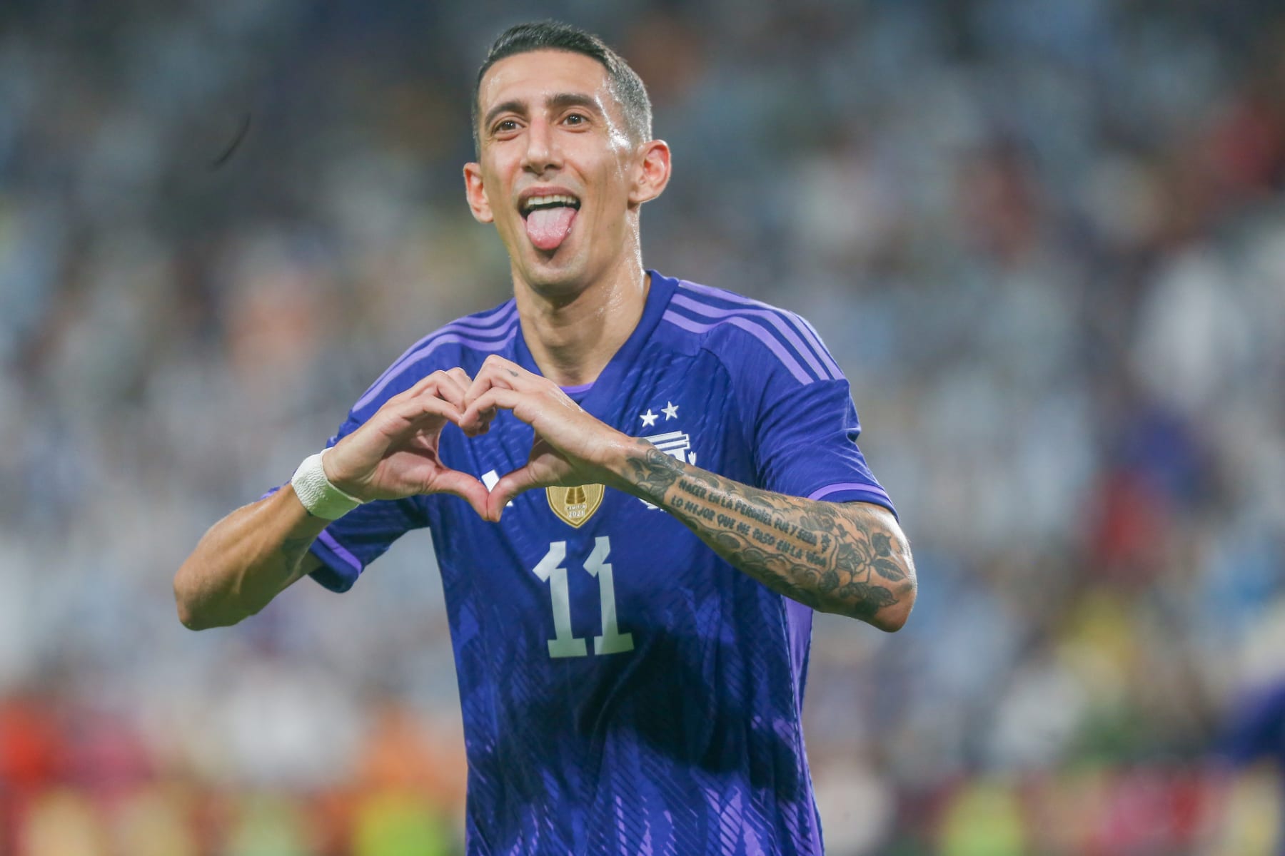 ABU DHABI, UNITED ARAB EMIRATES - NOVEMBER 16: Angel Di Maria of Argentina celebrates after scoring a goal during a friendly match between UAE and Argentina ahead of FIFA 2022 World Cup at Mohammed bin Zayed Stadium in Abu Dhabi, United Arab Emirates on November 16, 2022. (Photo by Waleed Zein/Anadolu Agency via Getty Images)