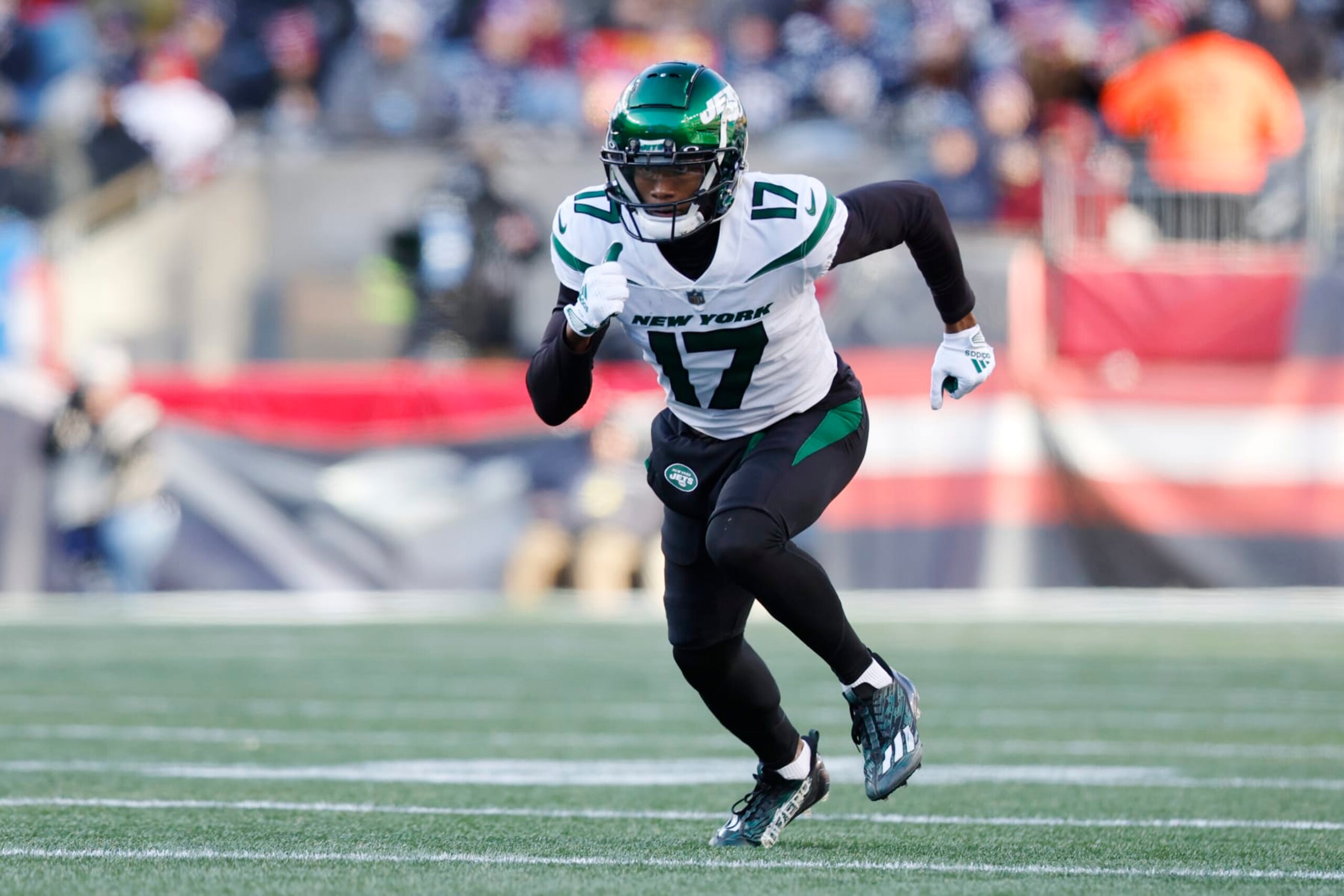 New York Jets wide receiver Garrett Wilson (17) during the first half of an NFL football game, Sunday, Nov. 20, 2022, in Foxborough, Mass. (AP Photo/Michael Dwyer) New York Jets wide receiver Garrett Wilson (17) during the first half of an NFL football game, Sunday, Nov. 20, 2022, in Foxborough, Mass. (AP Photo/Michael Dwyer)
