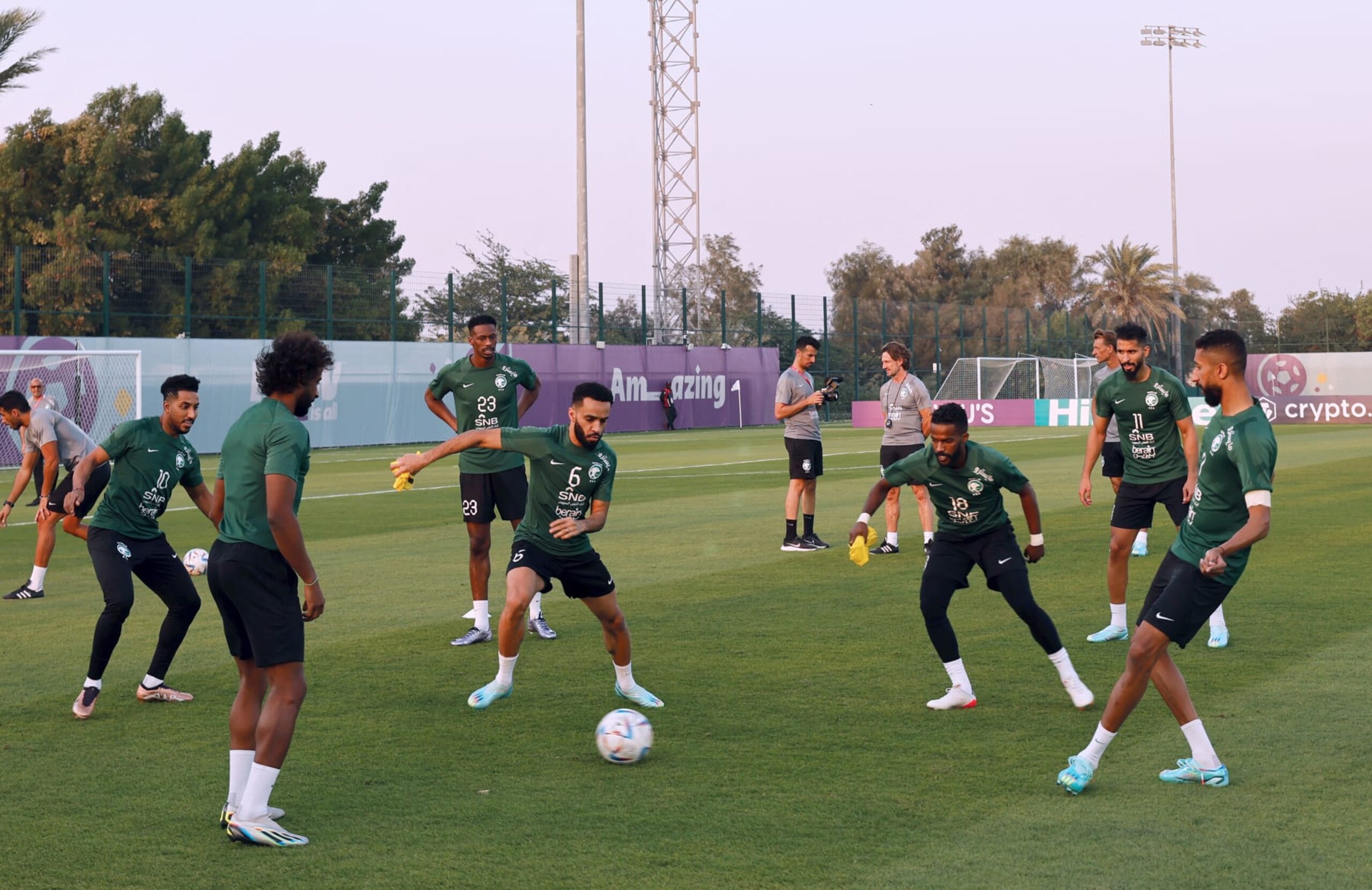 Players of Saudi Arabia take part in a training session at the Sealine Beach Resort in Doha on November 20, 2022, just before the kick-off of the Qatar 2022 World Cup football tournament. (Photo by Khaled DESOUKI / AFP) (Photo by KHALED DESOUKI/AFP via Getty Images) Players of Saudi Arabia take part in a training session at the Sealine Beach Resort in Doha on November 20, 2022, just before the kick-off of the Qatar 2022 World Cup football tournament. (Photo by Khaled DESOUKI / AFP) (Photo by KHALED DESOUKI/AFP via Getty Images)