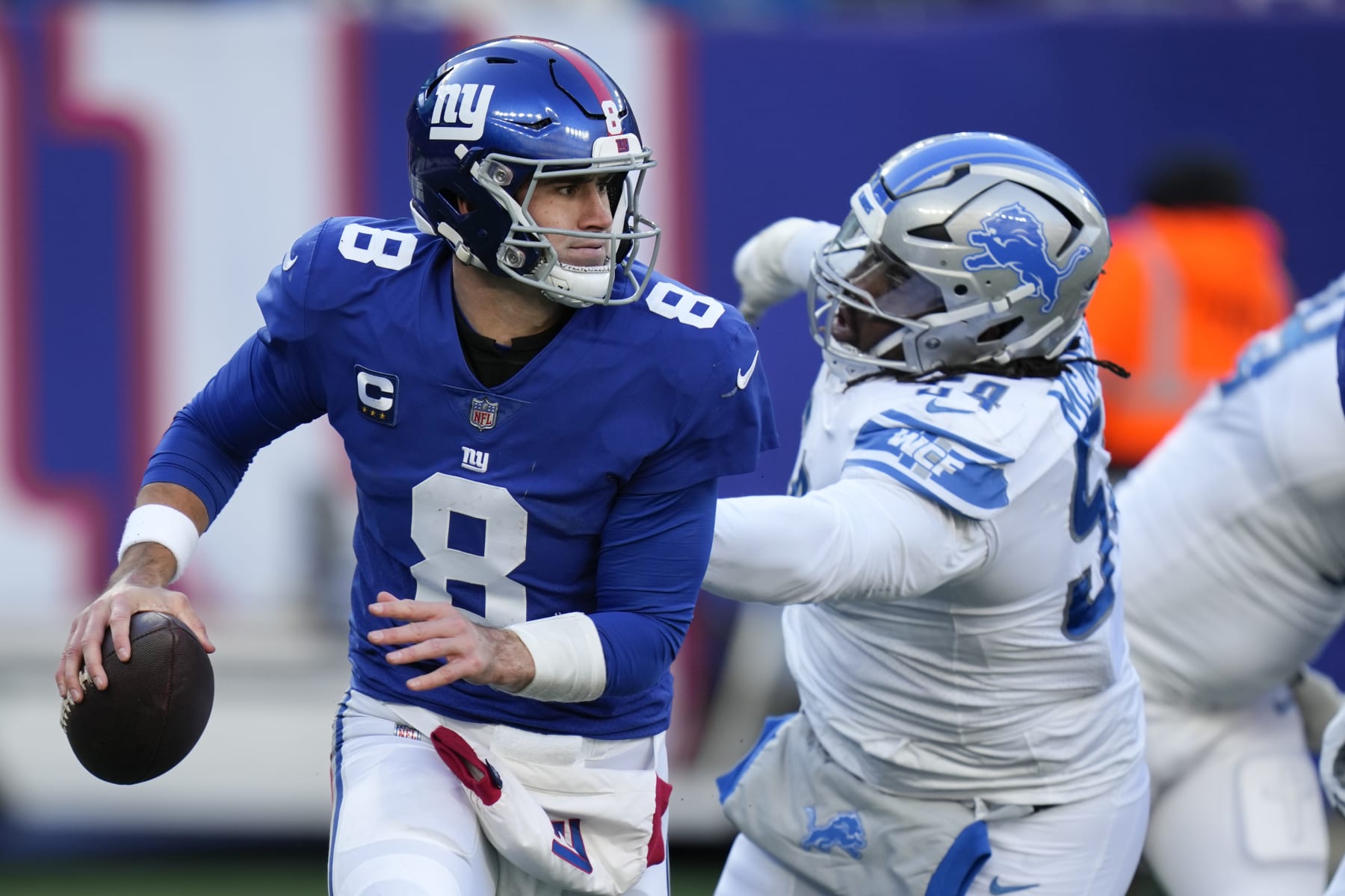 New York Giants quarterback Daniel Jones (8) looks to pass during the first half of an NFL football game against the Detroit Lions, Sunday, Nov. 20, 2022, in East Rutherford, N.J. (AP Photo/Seth Wenig)