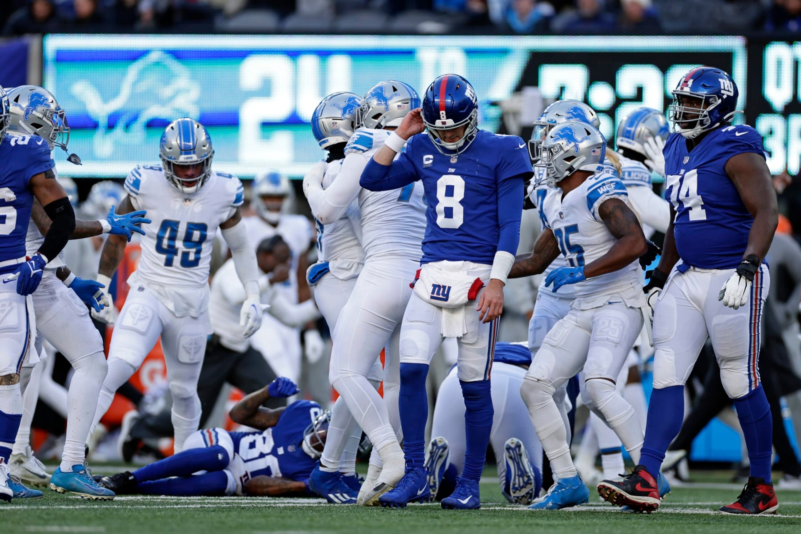 New York Giants quarterback Daniel Jones (8) reacts after throwing an interception against the Detroit Lions during an NFL football game Sunday, Nov. 20, 2022, in East Rutherford, N.J. (AP Photo/Adam Hunger) New York Giants quarterback Daniel Jones (8) reacts after throwing an interception against the Detroit Lions during an NFL football game Sunday, Nov. 20, 2022, in East Rutherford, N.J. (AP Photo/Adam Hunger)