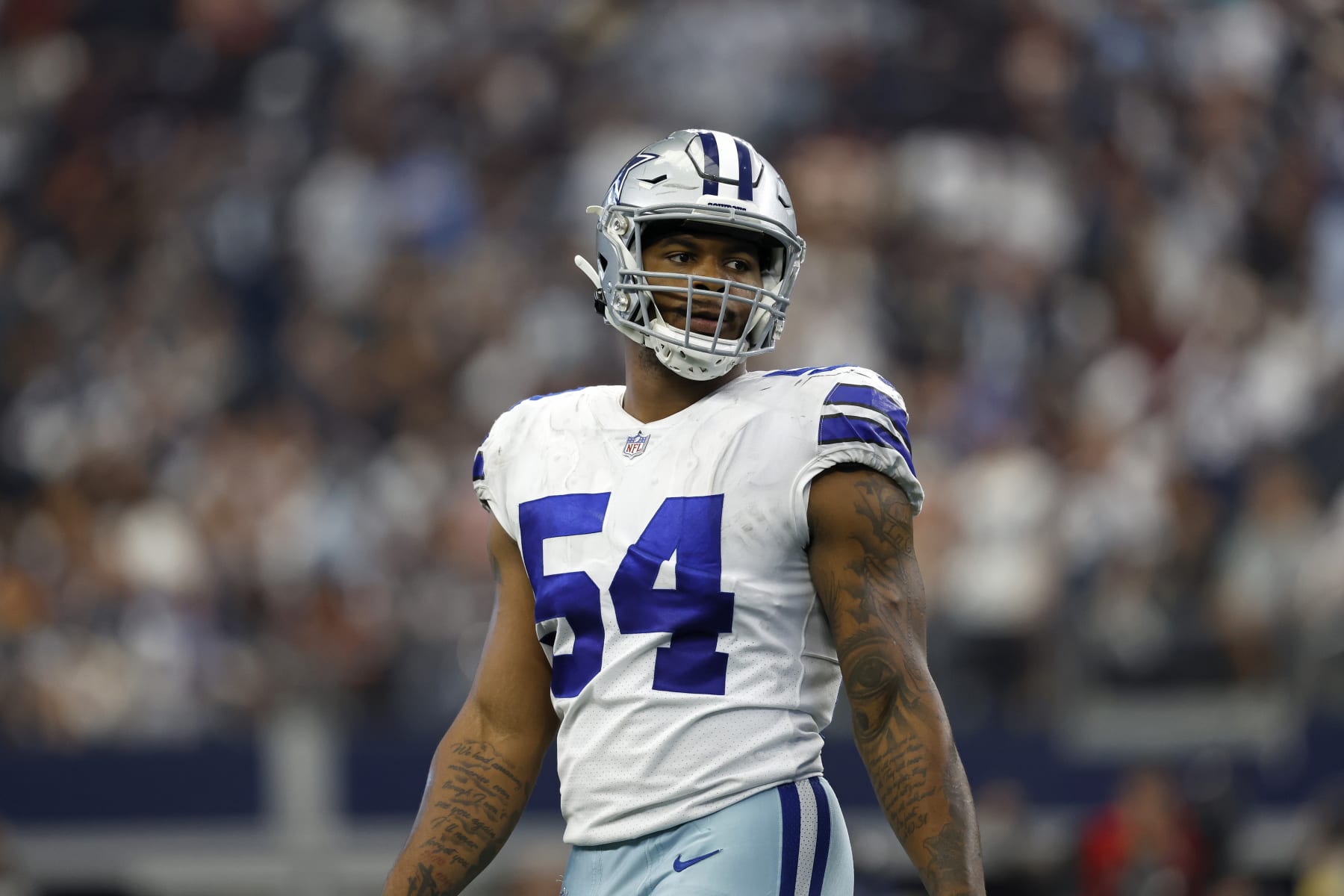 Dallas Cowboys defensive end Sam Williams (54) in action during an NFL football game against the Washington Commanders, Sunday, Oct. 2, 2022, in Arlington. (AP Photo/Tyler Kaufman)