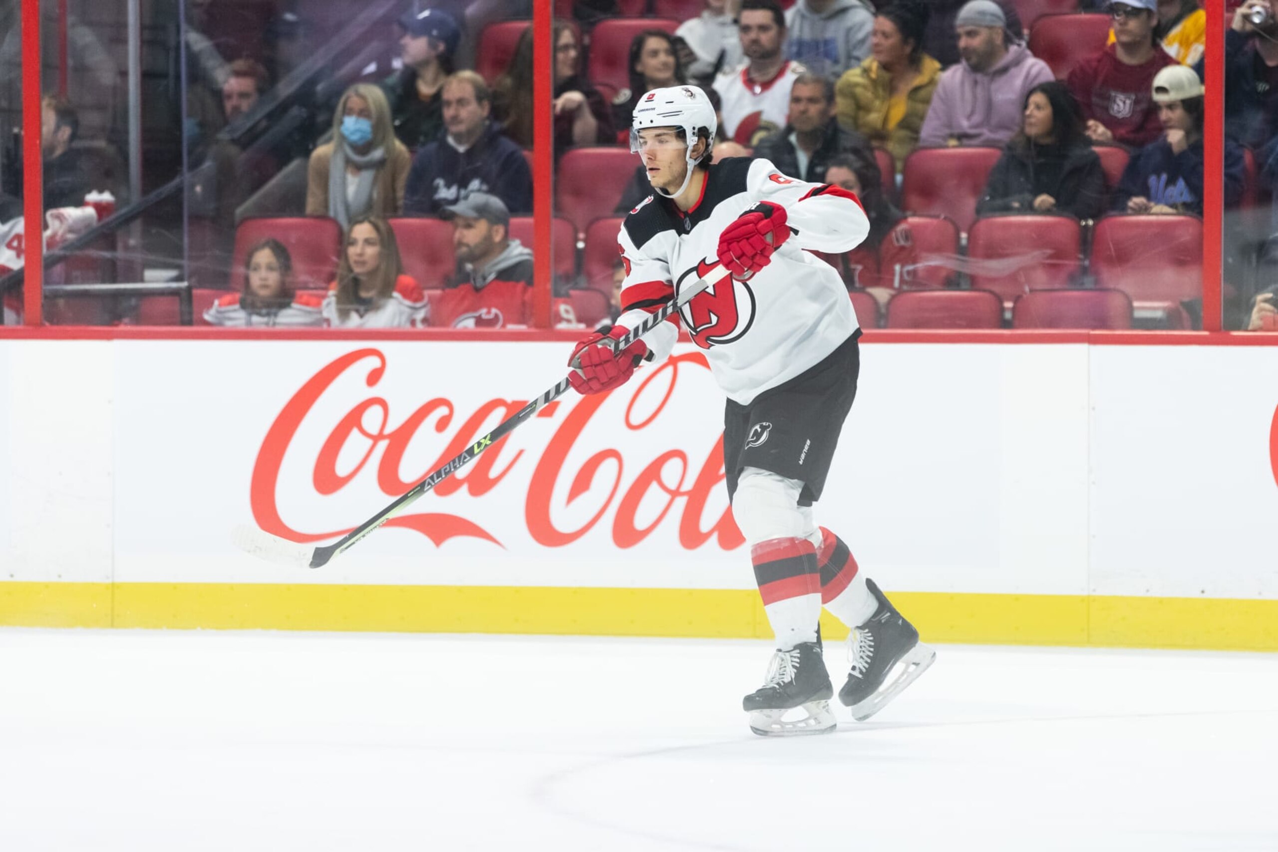 OTTAWA, ON - NOVEMBER 19: New Jersey Devils Defenceman John Marino (6) follows through on a pass during first period National Hockey League action between the New Jersey Devils and Ottawa Senators on November 19, 2022, at Canadian Tire Centre in Ottawa, ON, Canada. (Photo by Richard A. Whittaker/Icon Sportswire via Getty Images) OTTAWA, ON - NOVEMBER 19: New Jersey Devils Defenceman John Marino (6) follows through on a pass during first period National Hockey League action between the New Jersey Devils and Ottawa Senators on November 19, 2022, at Canadian Tire Centre in Ottawa, ON, Canada. (Photo by Richard A. Whittaker/Icon Sportswire via Getty Images)