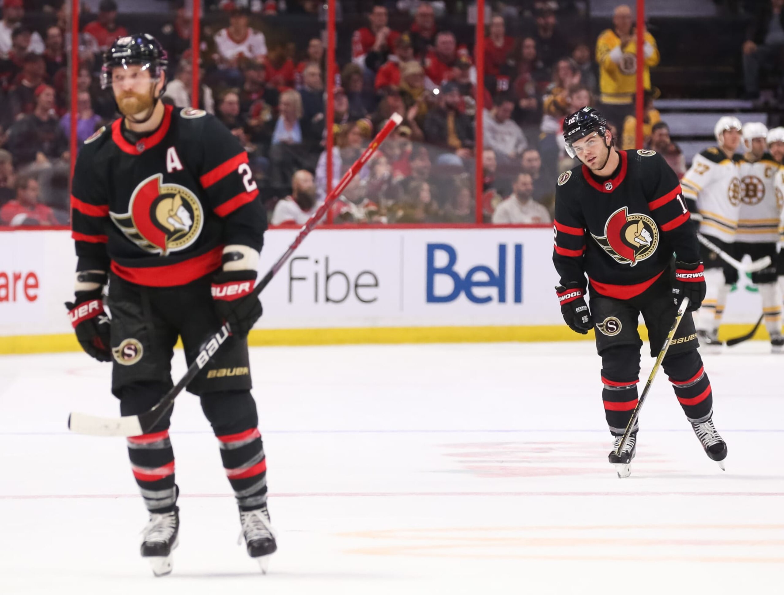 OTTAWA, CANADA - OCTOBER 18: Alex DeBrincat #12 of the Ottawa Senators and Claude Giroux #28 skate off the ice in the third period at Canadian Tire Centre on October 18, 2022 in Ottawa, Ontario, Canada. (Photo by Chris Tanouye/Freestyle Photo/Getty Images) OTTAWA, CANADA - OCTOBER 18: Alex DeBrincat #12 of the Ottawa Senators and Claude Giroux #28 skate off the ice in the third period at Canadian Tire Centre on October 18, 2022 in Ottawa, Ontario, Canada. (Photo by Chris Tanouye/Freestyle Photo/Getty Images)