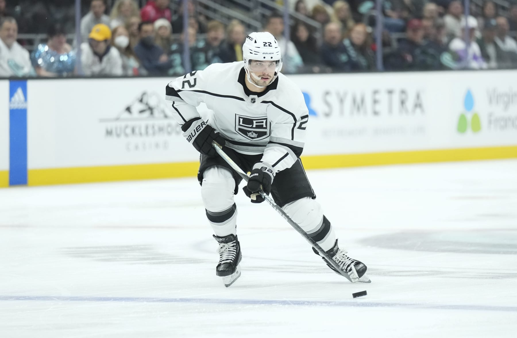 SEATTLE, WA - NOVEMBER 19: Los Angeles Kings left wing Kevin Fiala (22) skates with the puck during an NHL game between the LA Kings and the Seattle Kraken on November 19, 2022 at Climate Pledge Arena in Seattle, WA. (Photo by Jeff Halstead/Icon Sportswire via Getty Images)