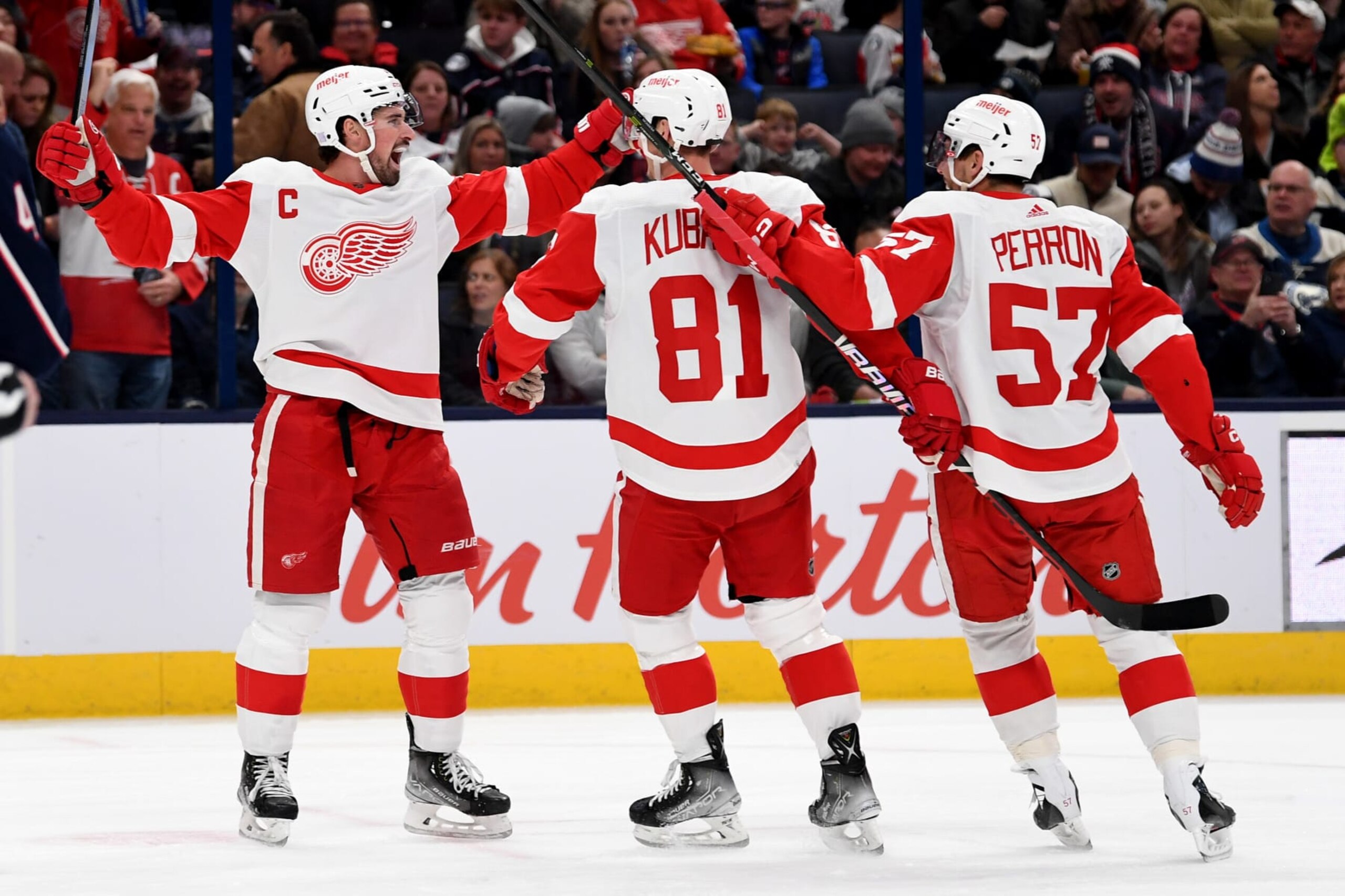 COLUMBUS, OHIO - NOVEMBER 19: Dylan Larkin #71 of the Detroit Red Wings celebrates his goal with Dominik Kubalik #81 and David Perron #57 during the first period against the Columbus Blue Jackets at Nationwide Arena on November 19, 2022 in Columbus, Ohio. (Photo by Emilee Chinn/Getty Images) COLUMBUS, OHIO - NOVEMBER 19: Dylan Larkin #71 of the Detroit Red Wings celebrates his goal with Dominik Kubalik #81 and David Perron #57 during the first period against the Columbus Blue Jackets at Nationwide Arena on November 19, 2022 in Columbus, Ohio. (Photo by Emilee Chinn/Getty Images)