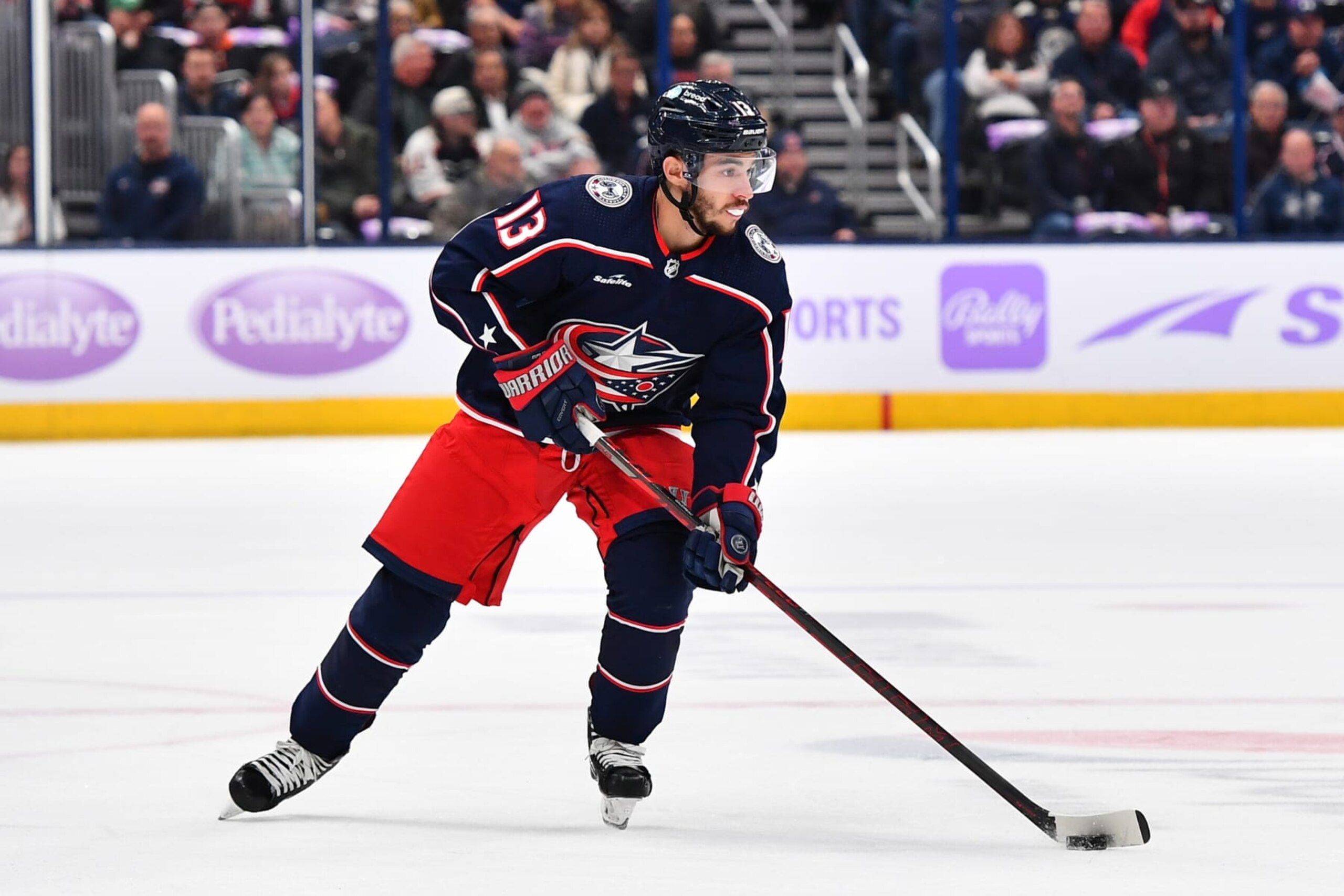 COLUMBUS, OHIO - NOVEMBER 15: Johnny Gaudreau #13 of the Columbus Blue Jackets skates with the puck during the first period of a game against the Philadelphia Flyers at Nationwide Arena on November 15, 2022 in Columbus, Ohio. (Photo by Ben Jackson/NHLI via Getty Images) COLUMBUS, OHIO - NOVEMBER 15: Johnny Gaudreau #13 of the Columbus Blue Jackets skates with the puck during the first period of a game against the Philadelphia Flyers at Nationwide Arena on November 15, 2022 in Columbus, Ohio. (Photo by Ben Jackson/NHLI via Getty Images)