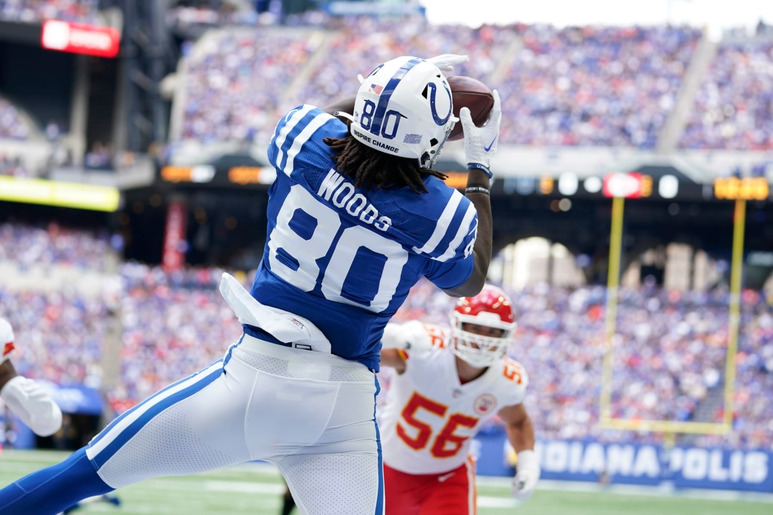 Indianapolis Colts' Jelani Woods (80) makes a touchdown reception during the first half of an NFL football game against the Kansas City Chiefs, Sunday, Sept. 25, 2022, in Indianapolis. (AP Photo/Michael Conroy) Indianapolis Colts' Jelani Woods (80) makes a touchdown reception during the first half of an NFL football game against the Kansas City Chiefs, Sunday, Sept. 25, 2022, in Indianapolis. (AP Photo/Michael Conroy)