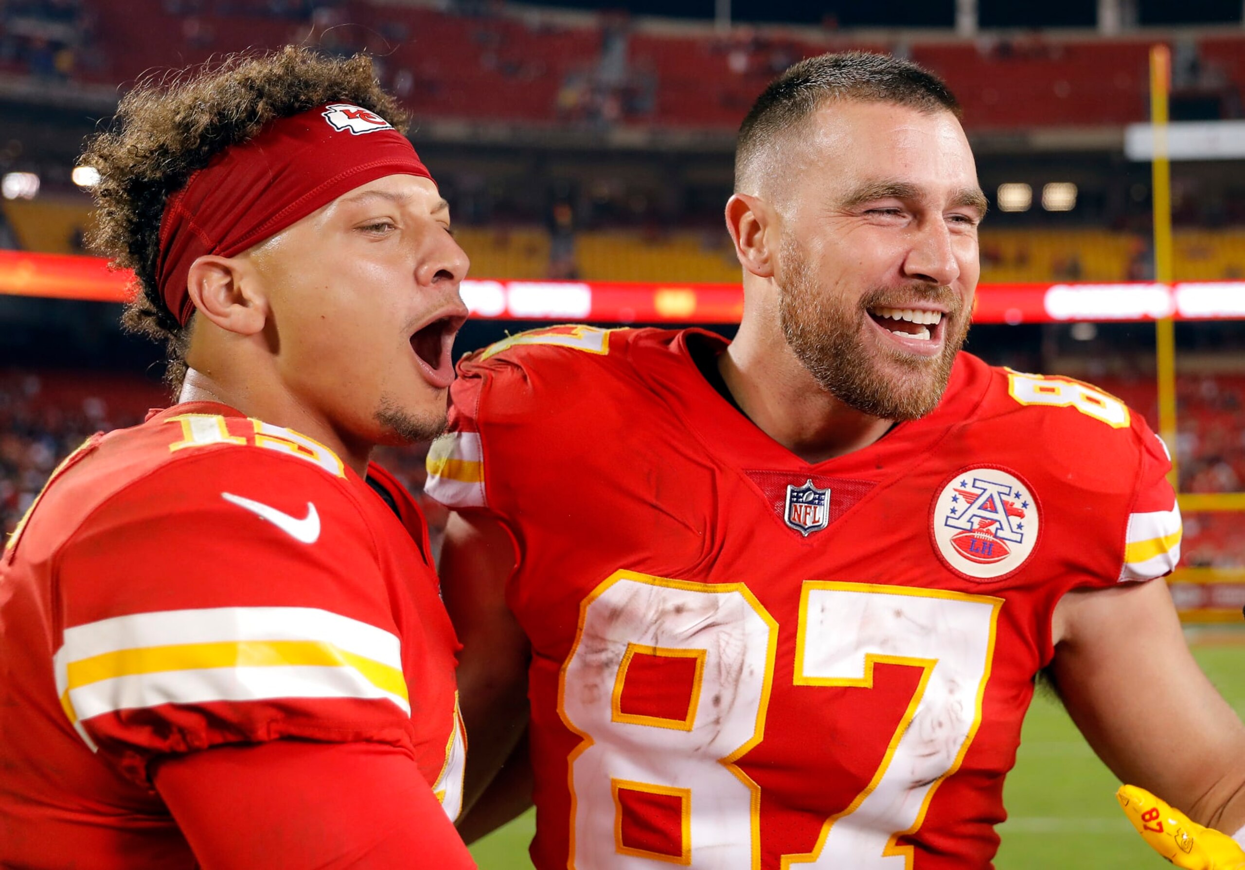 KANSAS CITY, MISSOURI - OCTOBER 10: Patrick Mahomes #15 and Travis Kelce #87 of the Kansas City Chiefs celebrate after the Chiefs defeated the Las Vegas Raiders 30-29 to win the game at Arrowhead Stadium on October 10, 2022 in Kansas City, Missouri. (Photo by David Eulitt/Getty Images) KANSAS CITY, MISSOURI - OCTOBER 10: Patrick Mahomes #15 and Travis Kelce #87 of the Kansas City Chiefs celebrate after the Chiefs defeated the Las Vegas Raiders 30-29 to win the game at Arrowhead Stadium on October 10, 2022 in Kansas City, Missouri. (Photo by David Eulitt/Getty Images)