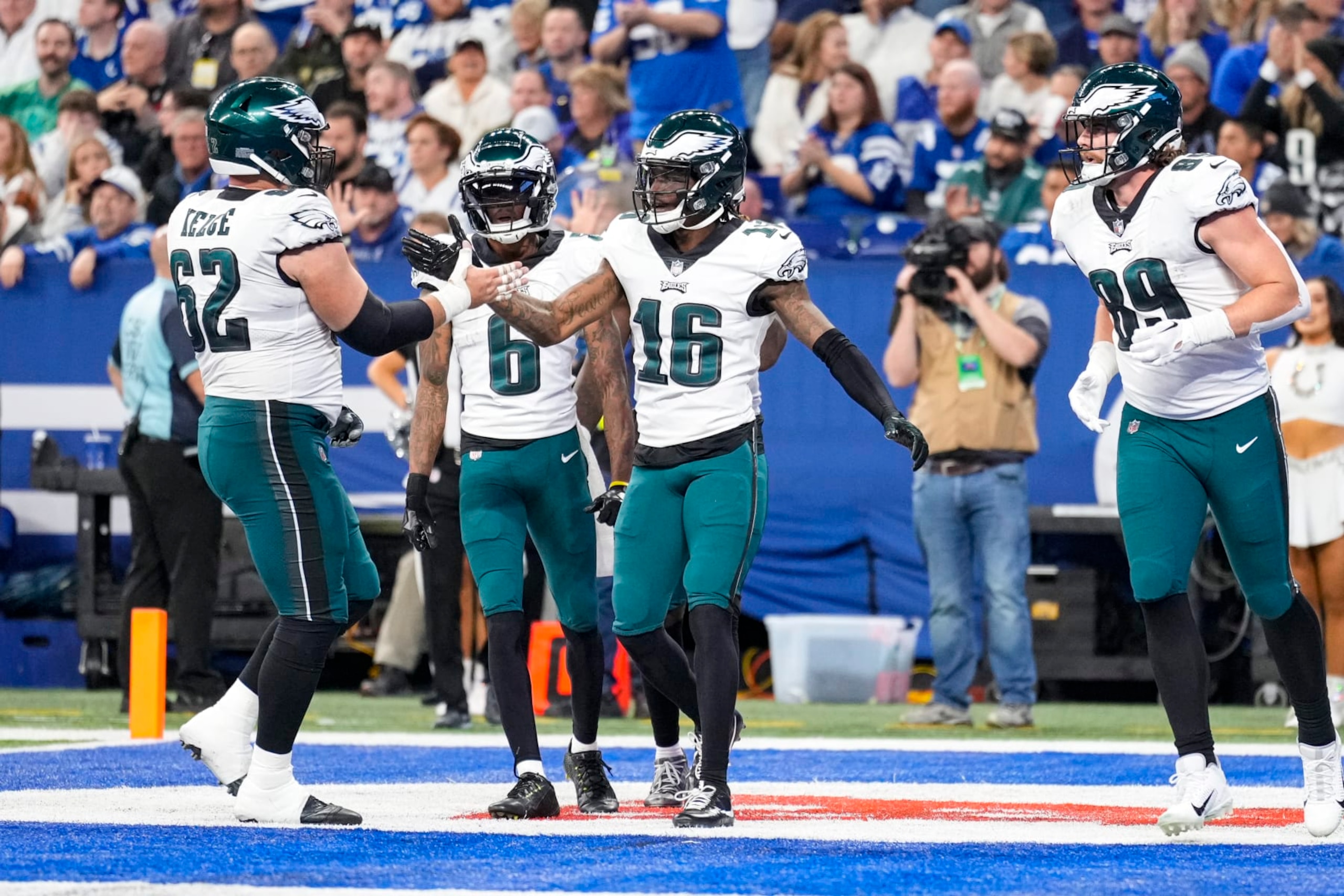 Philadelphia Eagles wide receiver Quez Watkins (16) celebrates after a touchdown against the Indianapolis Colts in the second half of an NFL football game in Indianapolis, Fla., Sunday, Nov. 20, 2022. (AP Photo/AJ Mast) Philadelphia Eagles wide receiver Quez Watkins (16) celebrates after a touchdown against the Indianapolis Colts in the second half of an NFL football game in Indianapolis, Fla., Sunday, Nov. 20, 2022. (AP Photo/AJ Mast)