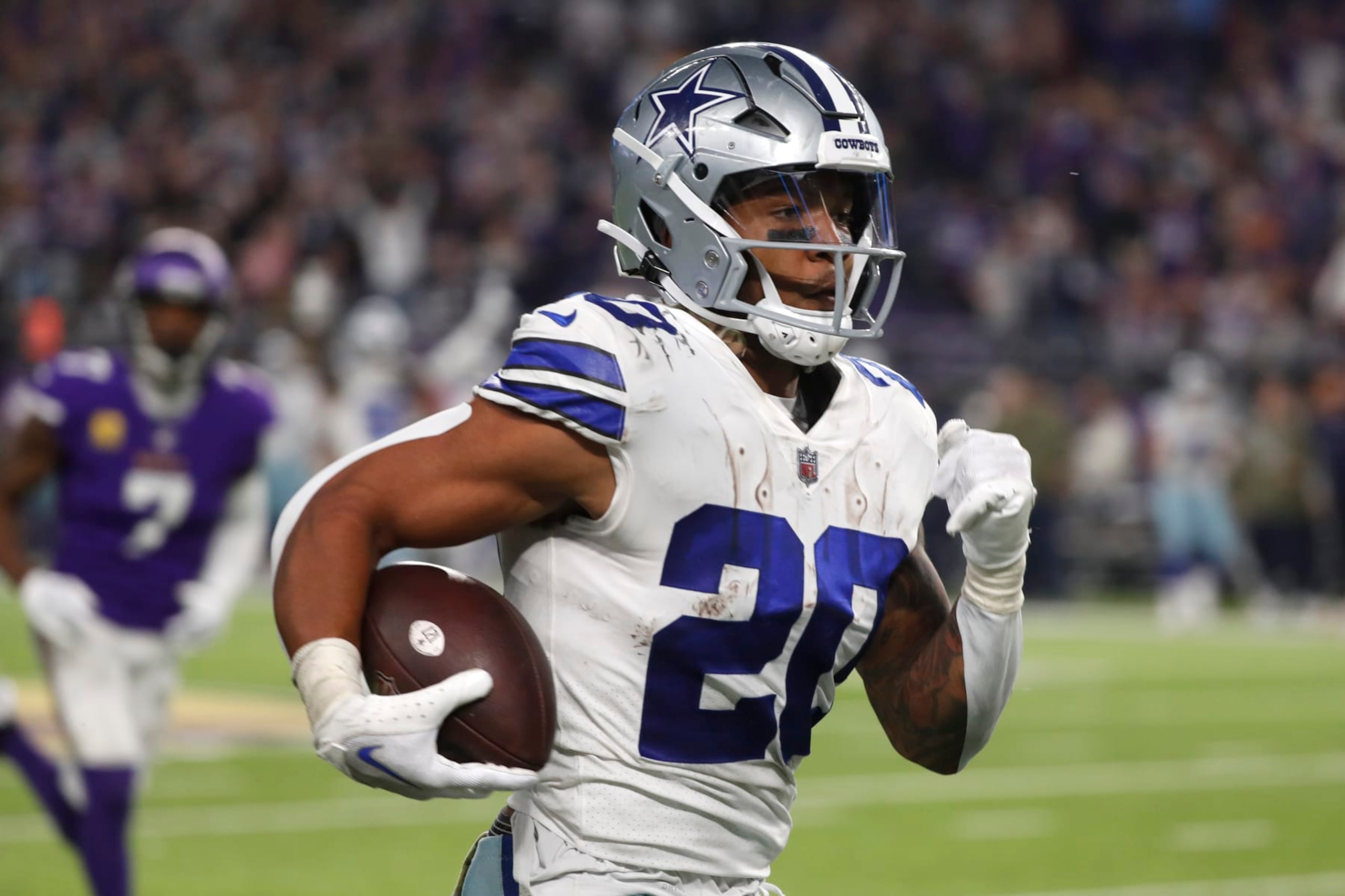 Dallas Cowboys running back Tony Pollard runs up field during a 68-yard touchdown reception in the second half of an NFL football game against the Minnesota Vikings, Sunday, Nov. 20, 2022, in Minneapolis. (AP Photo/Bruce Kluckhohn) Dallas Cowboys running back Tony Pollard runs up field during a 68-yard touchdown reception in the second half of an NFL football game against the Minnesota Vikings, Sunday, Nov. 20, 2022, in Minneapolis. (AP Photo/Bruce Kluckhohn)