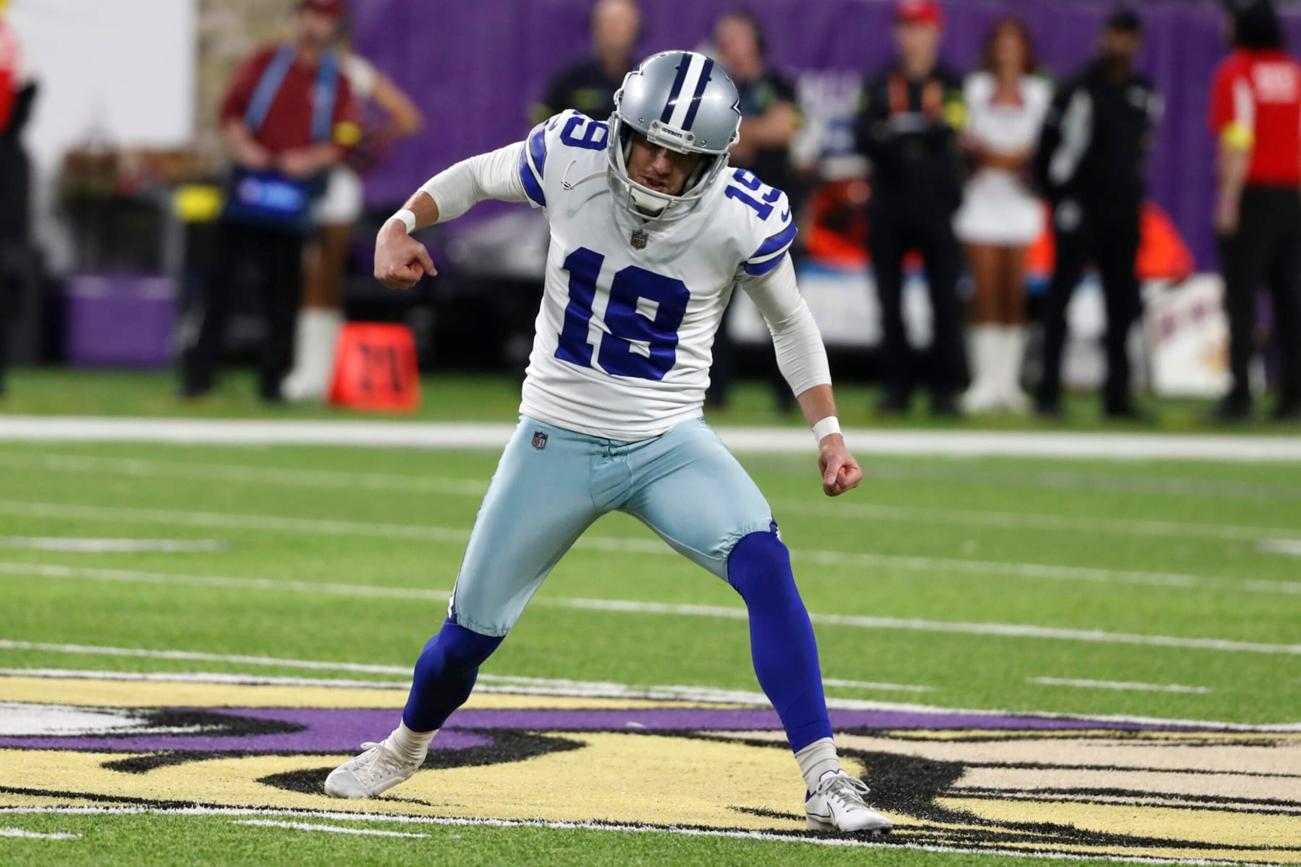 Dallas Cowboys place kicker Brett Maher celebrates after kicking a 60-yard field goal during the first half of an NFL football game against the Minnesota Vikings, Sunday, Nov. 20, 2022, in Minneapolis. (AP Photo/Bruce Kluckhohn) Dallas Cowboys place kicker Brett Maher celebrates after kicking a 60-yard field goal during the first half of an NFL football game against the Minnesota Vikings, Sunday, Nov. 20, 2022, in Minneapolis. (AP Photo/Bruce Kluckhohn)