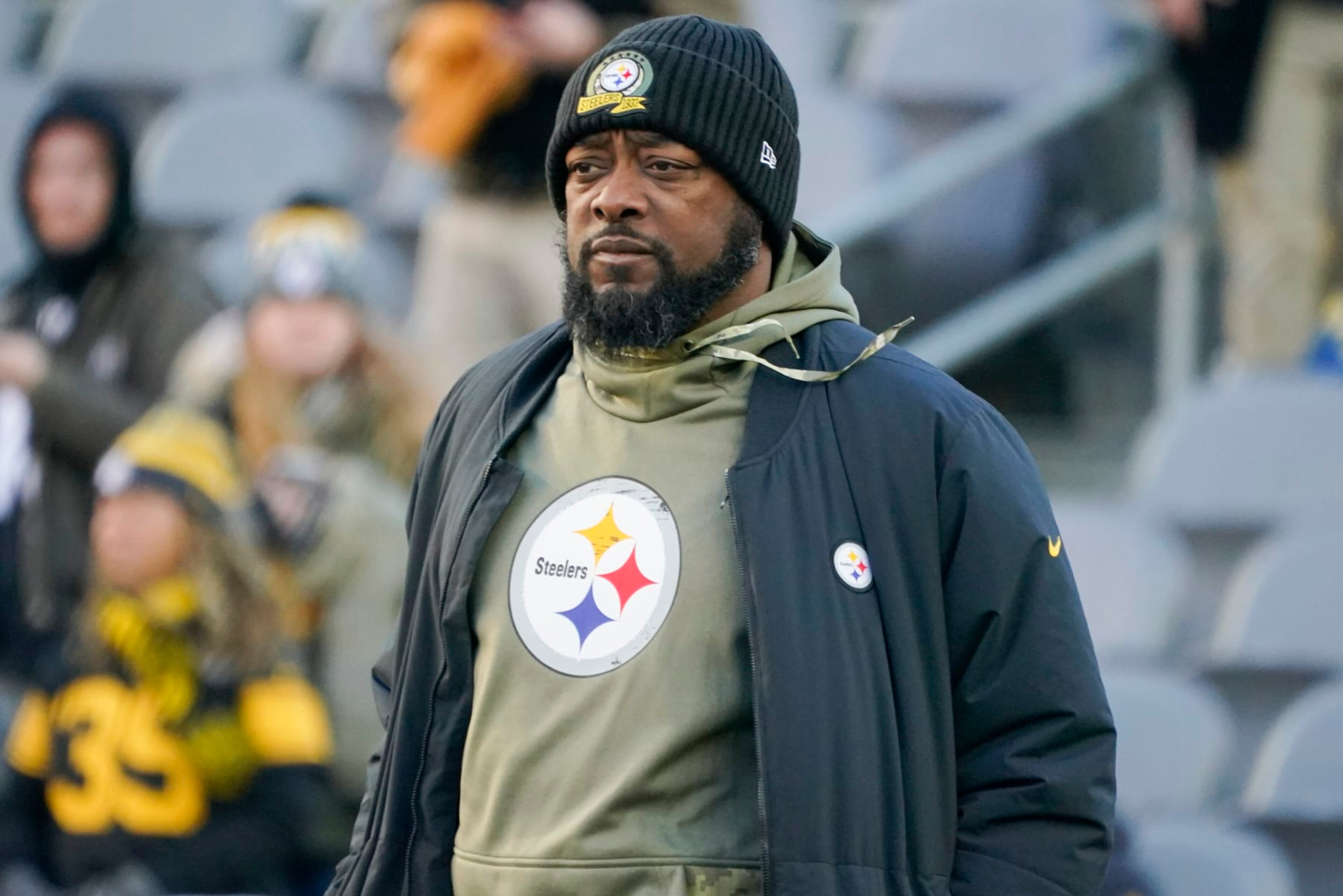 Pittsburgh Steelers head coach Mike Tomlin walks on the field during warmups before an NFL football game against the Cincinnati Bengals, Sunday, Nov. 20, 2022, in Pittsburgh. (AP Photo/Gene J. Puskar)