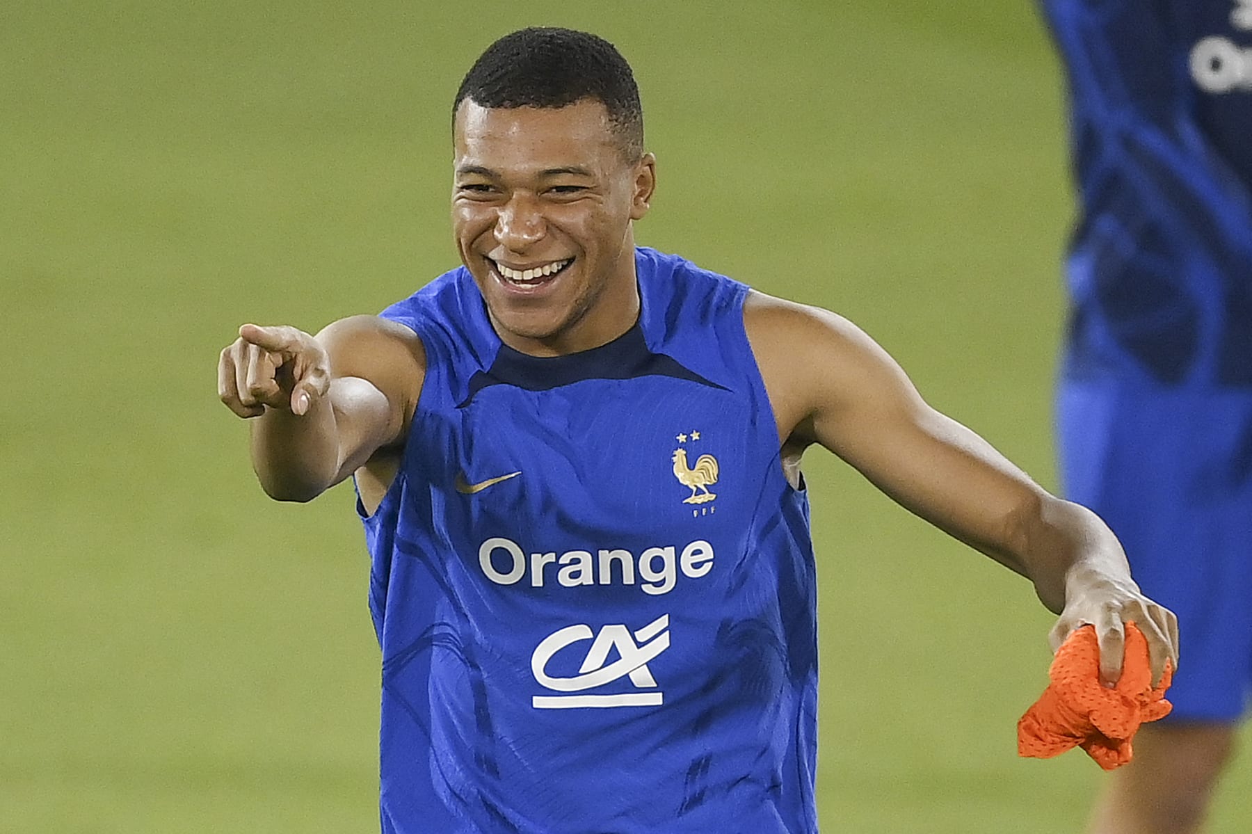 France's forward Kylian Mbappe reacts during a training session at the Jassim-bin-Hamad Stadium in Doha on November 20, 2022, ahead of the Qatar 2022 World Cup football tournament. (Photo by FRANCK FIFE / AFP) (Photo by FRANCK FIFE/AFP via Getty Images)