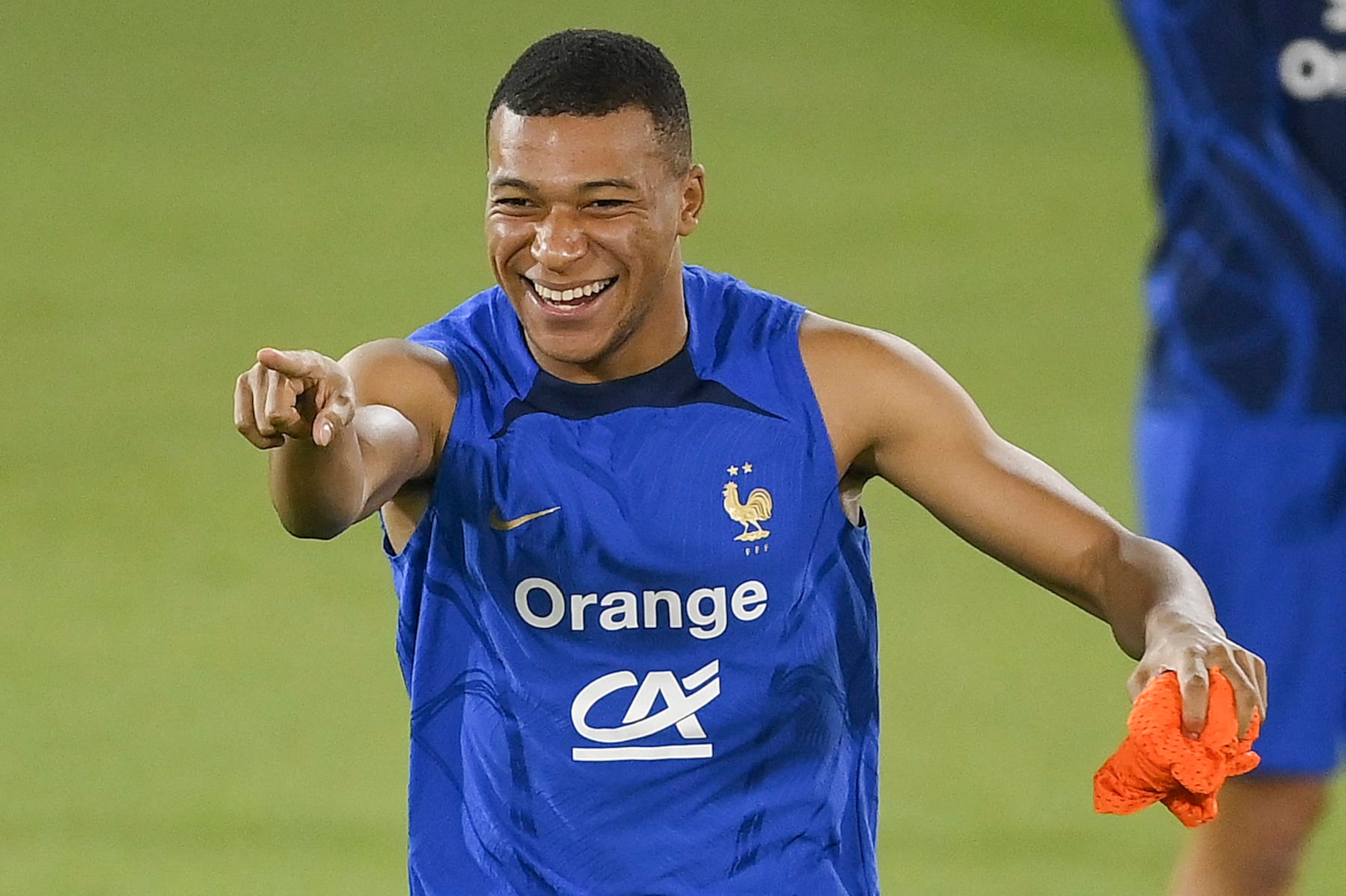 France's forward Kylian Mbappe reacts during a training session at the Jassim-bin-Hamad Stadium in Doha on November 20, 2022, ahead of the Qatar 2022 World Cup football tournament. (Photo by FRANCK FIFE / AFP) (Photo by FRANCK FIFE/AFP via Getty Images)