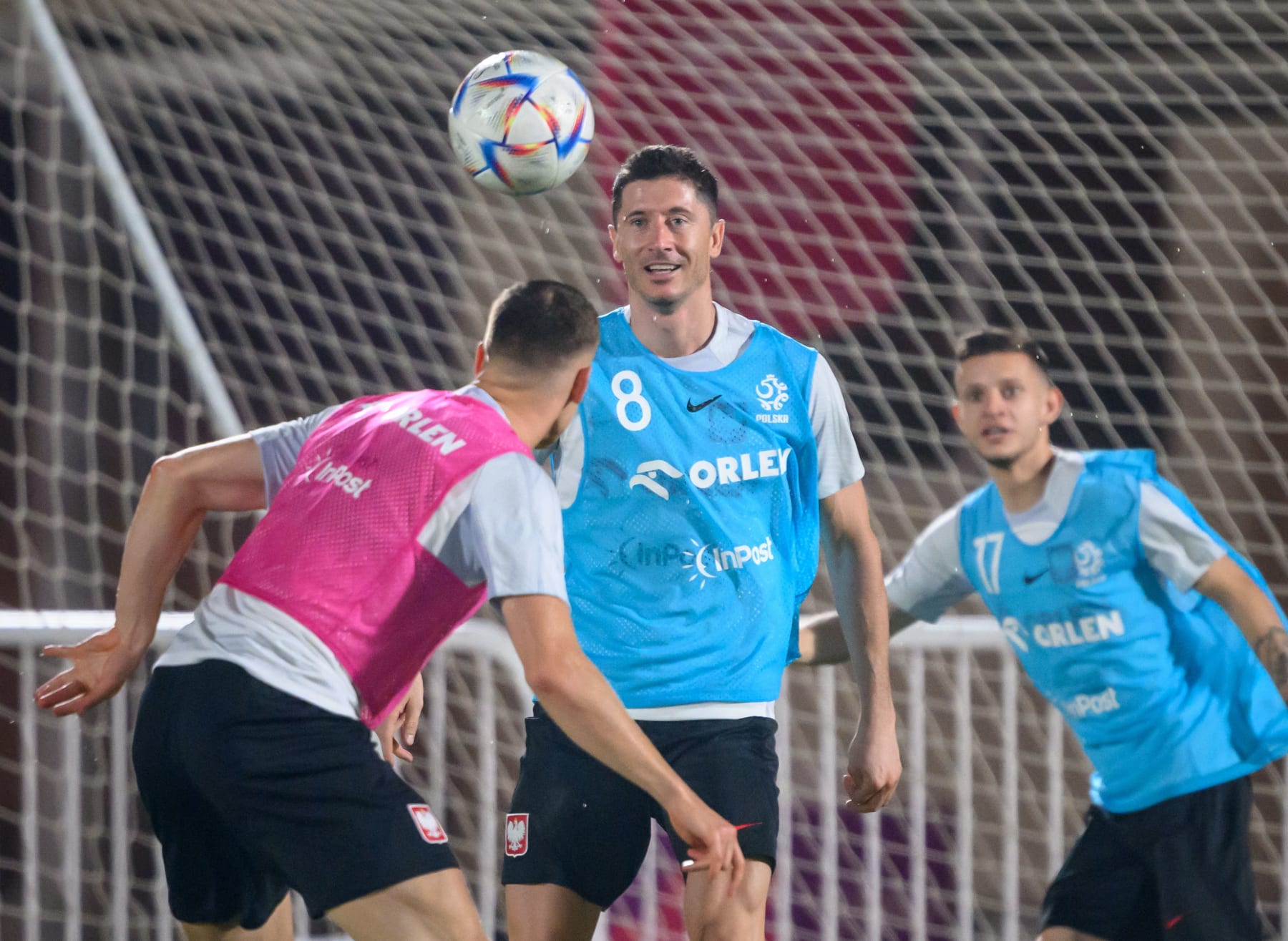 Poland's forward Robert Lewandowski (C) takes part in a  training session at the Al Kharaitiyat SC training grounds in Doha on November 19, 2022, ahead of the Qatar 2022 World Cup football tournament. (Photo by FABRICE COFFRINI / AFP) (Photo by FABRICE COFFRINI/AFP via Getty Images)