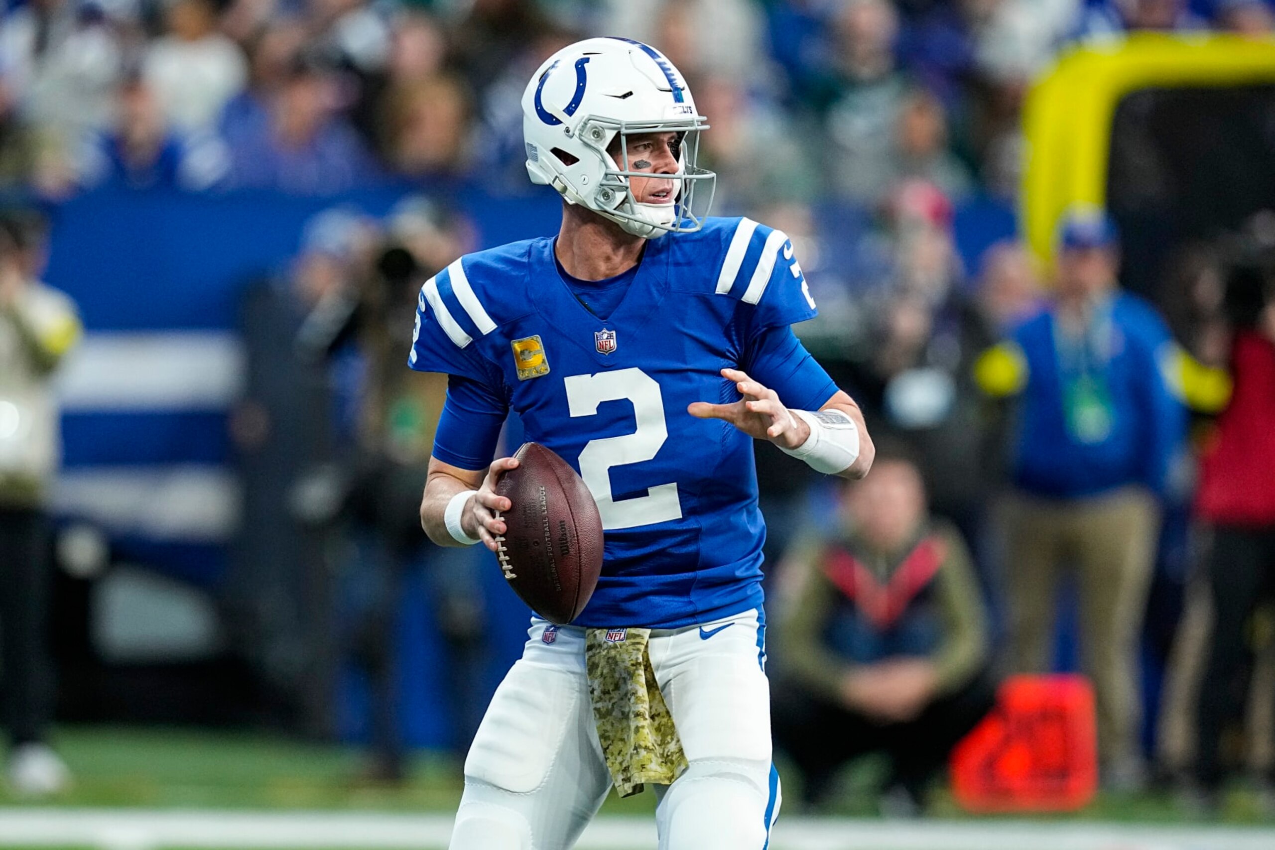 Indianapolis Colts quarterback Matt Ryan (2) throws against the Philadelphia Eagles in the first half of an NFL football game in Indianapolis, Sunday, Nov. 20, 2022. (AP Photo/Darron Cummings) Indianapolis Colts quarterback Matt Ryan (2) throws against the Philadelphia Eagles in the first half of an NFL football game in Indianapolis, Sunday, Nov. 20, 2022. (AP Photo/Darron Cummings)