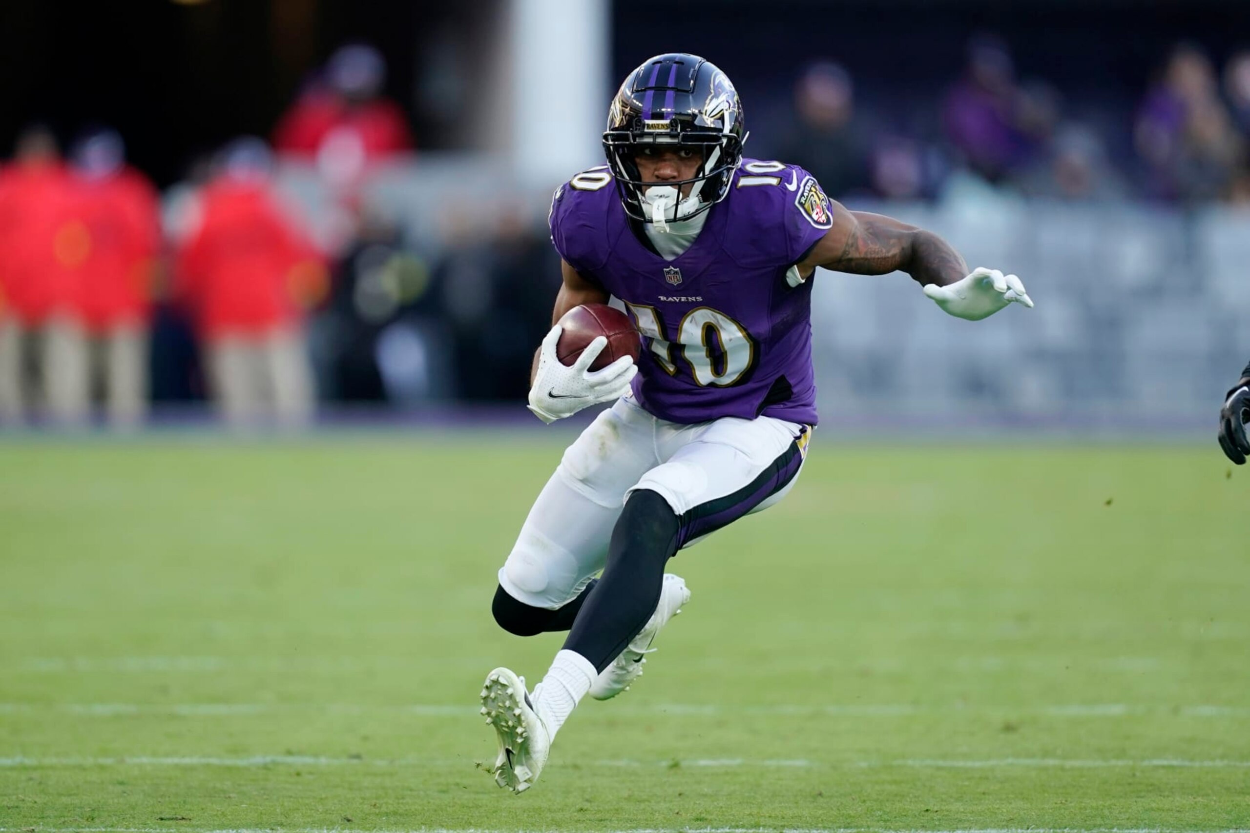 Baltimore Ravens wide receiver Demarcus Robinson (10) looks for running room in the second half of an NFL football game against the Carolina Panthers Sunday, Nov. 20, 2022, in Baltimore. (AP Photo/Patrick Semansky) Baltimore Ravens wide receiver Demarcus Robinson (10) looks for running room in the second half of an NFL football game against the Carolina Panthers Sunday, Nov. 20, 2022, in Baltimore. (AP Photo/Patrick Semansky)