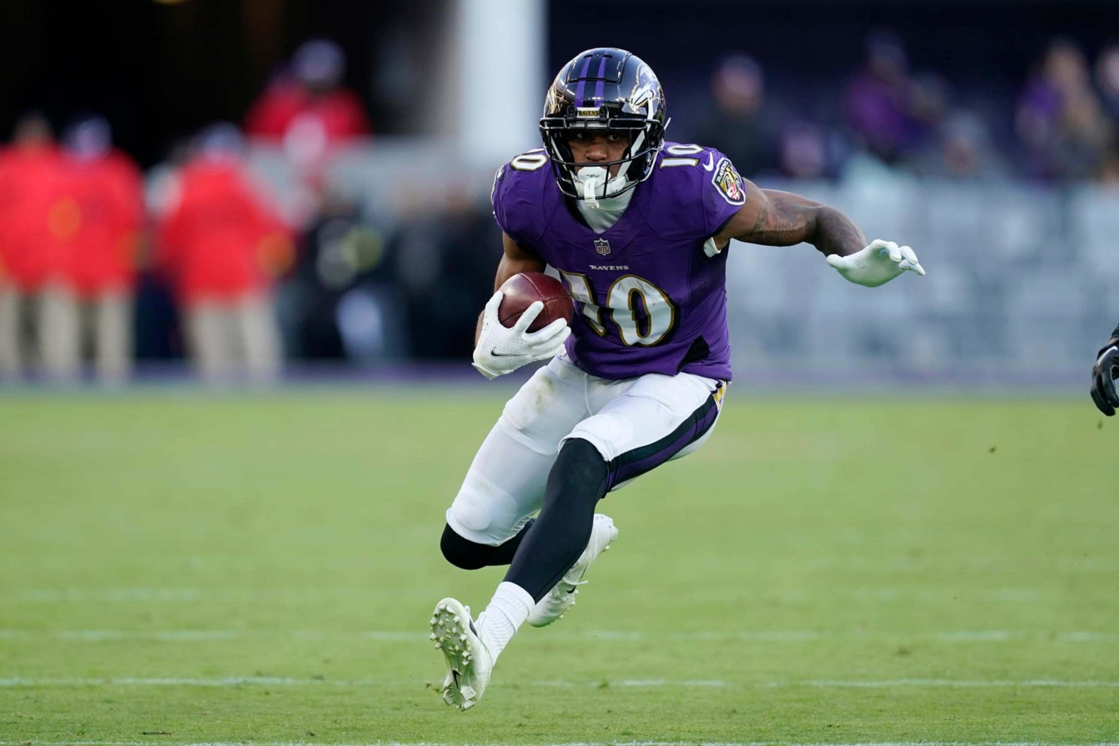 Baltimore Ravens wide receiver Demarcus Robinson (10) looks for running room in the second half of an NFL football game against the Carolina Panthers Sunday, Nov. 20, 2022, in Baltimore. (AP Photo/Patrick Semansky) Baltimore Ravens wide receiver Demarcus Robinson (10) looks for running room in the second half of an NFL football game against the Carolina Panthers Sunday, Nov. 20, 2022, in Baltimore. (AP Photo/Patrick Semansky)