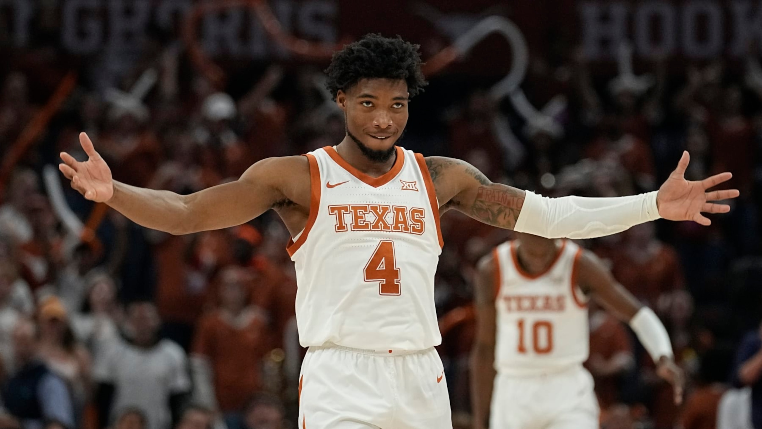 Texas guard Tyrese Hunter (4) during the second half of an NCAA college basketball game against Gonzaga, Thursday, Nov. 17, 2022, in Austin, Texas. (AP Photo/Eric Gay)