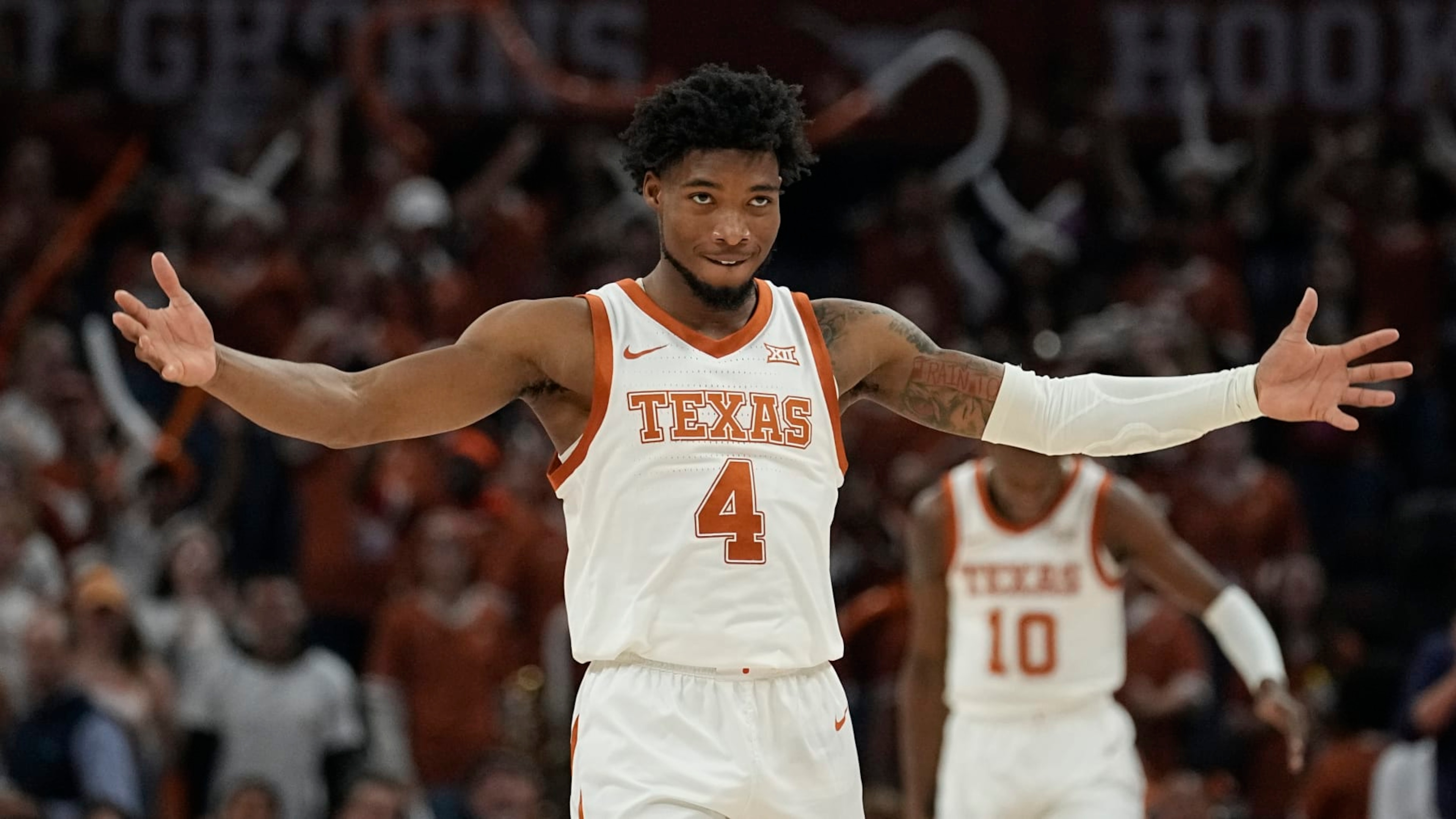 Texas guard Tyrese Hunter (4) during the second half of an NCAA college basketball game against Gonzaga, Thursday, Nov. 17, 2022, in Austin, Texas. (AP Photo/Eric Gay)