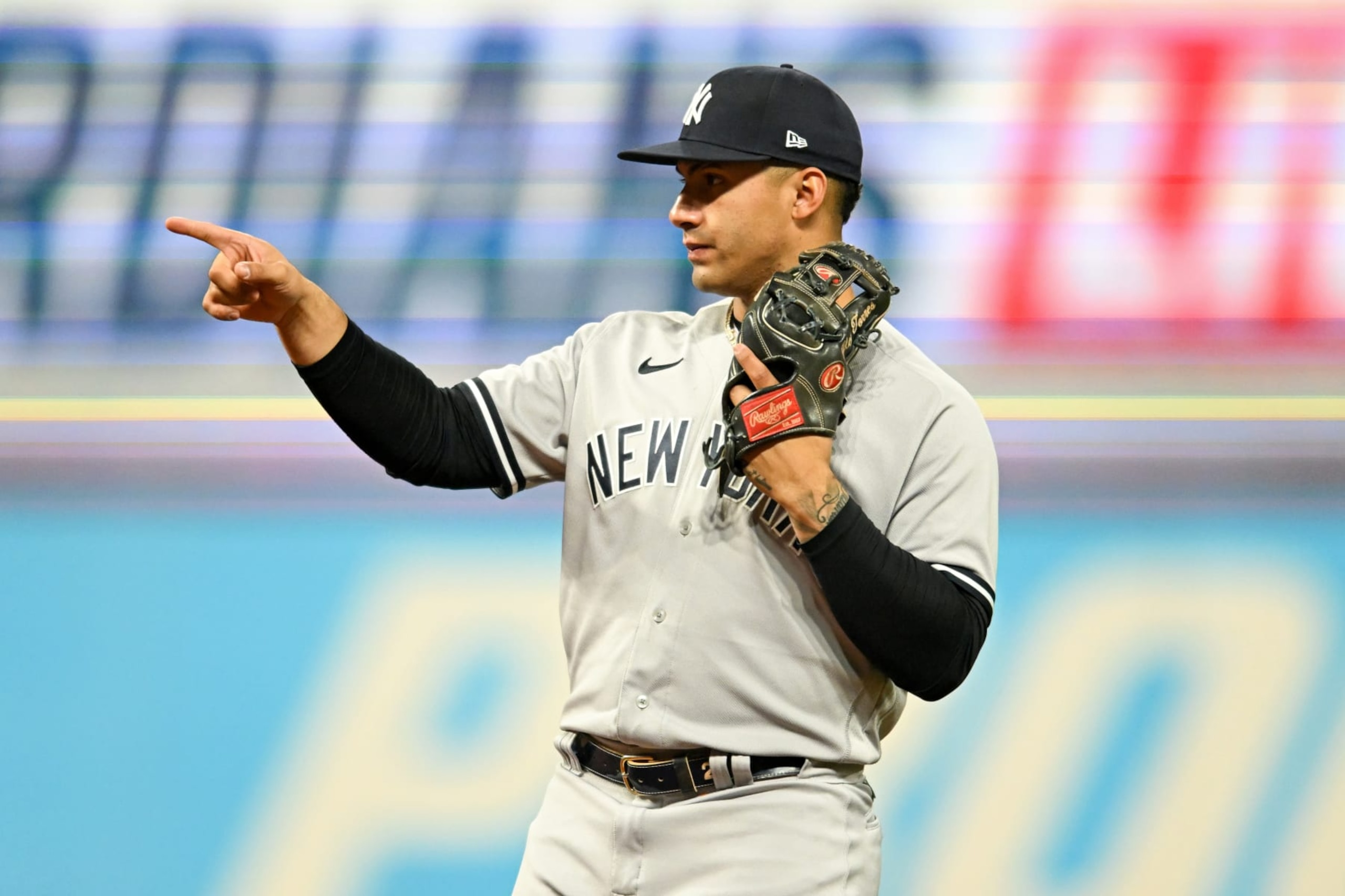 CLEVELAND, OH - OCTOBER 15, 2022: Gleyber Torres #25 of the New York Yankees looks on during the seventh inning in Game 3 of the American League Division Series against the Cleveland Guardians at Progressive Field on October 15, 2022 in Cleveland, Ohio. (Photo by Nick Cammett/Diamond Images via Getty Images) CLEVELAND, OH - OCTOBER 15, 2022: Gleyber Torres #25 of the New York Yankees looks on during the seventh inning in Game 3 of the American League Division Series against the Cleveland Guardians at Progressive Field on October 15, 2022 in Cleveland, Ohio. (Photo by Nick Cammett/Diamond Images via Getty Images)