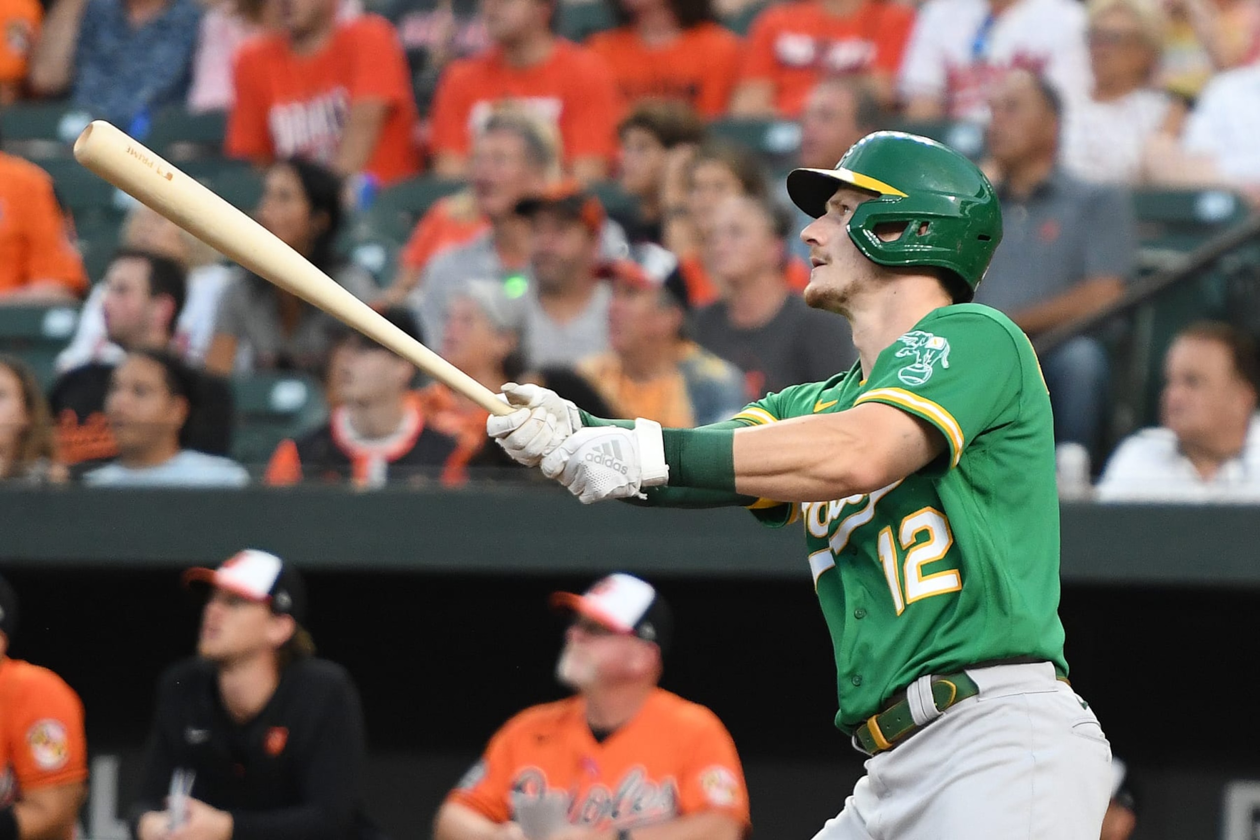 BALTIMORE, MD - SEPTEMBER 03: Sean Murphy #12 of the Oakland Athletics takes a swing during a baseball game against the Baltimore Orioles at Oriole Park at Camden Yards on September 3, 2022 in Baltimore, Maryland. (Photo by Mitchell Layton/Getty Images) BALTIMORE, MD - SEPTEMBER 03: Sean Murphy #12 of the Oakland Athletics takes a swing during a baseball game against the Baltimore Orioles at Oriole Park at Camden Yards on September 3, 2022 in Baltimore, Maryland. (Photo by Mitchell Layton/Getty Images)