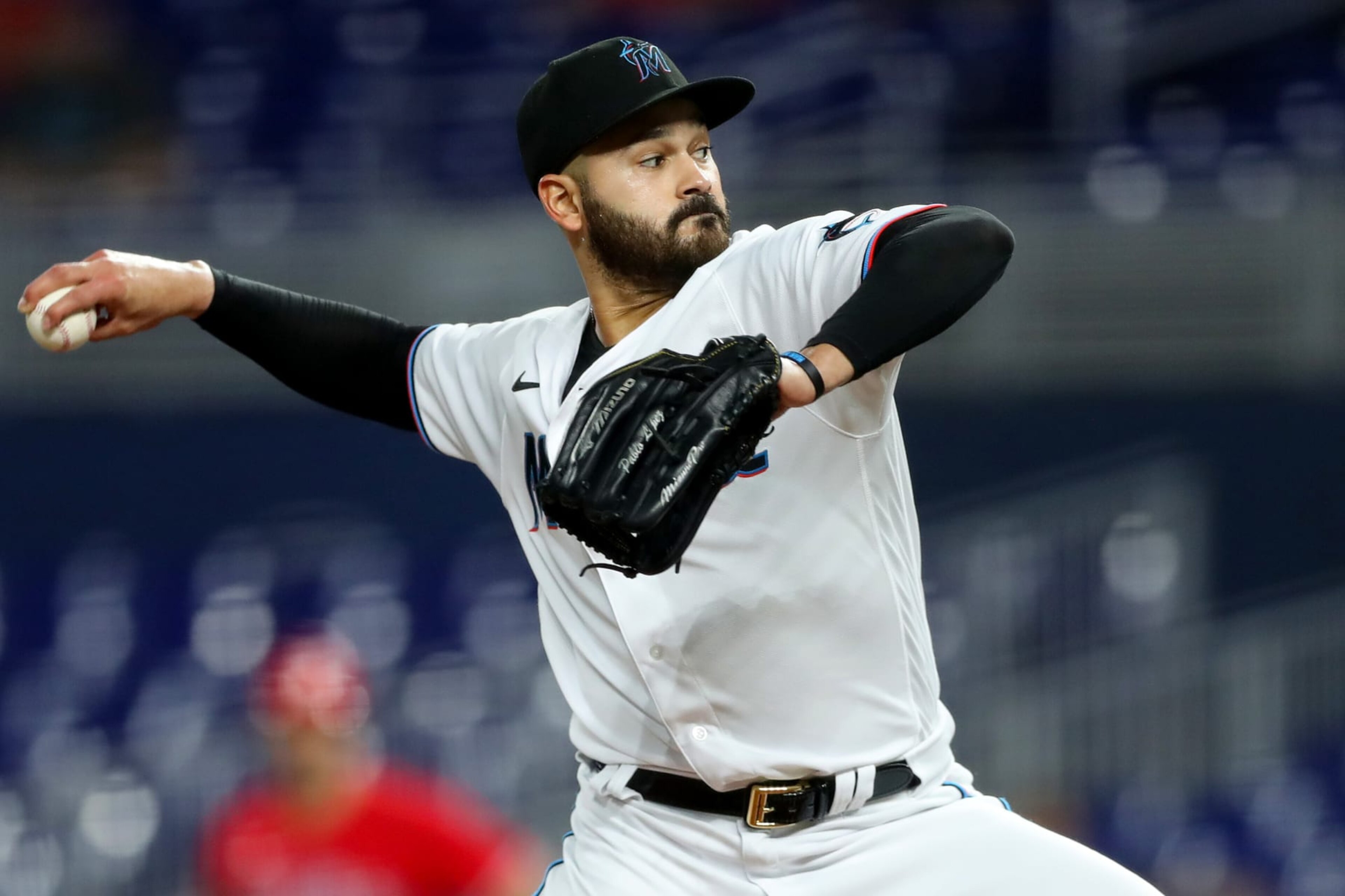 MIAMI, FLORIDA - SEPTEMBER 15: Pablo Lopez #49 of the Miami Marlins delivers a pitch against the Philadelphia Phillies at loanDepot park on September 15, 2022 in Miami, Florida. (Photo by Megan Briggs/Getty Images)