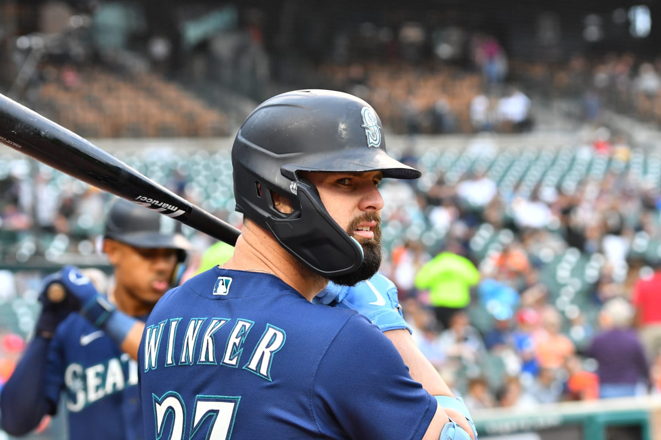 DETROIT, MI - AUGUST 30: Seattle Mariners left fielder Jesse Winker (27) warms up in the on deck circle during the Detroit Tigers versus the Seattle Mariners on Tuesday August 30, 2022 at Comerica Park in Detroit, MI. (Photo by Steven King/Icon Sportswire via Getty Images) DETROIT, MI - AUGUST 30: Seattle Mariners left fielder Jesse Winker (27) warms up in the on deck circle during the Detroit Tigers versus the Seattle Mariners on Tuesday August 30, 2022 at Comerica Park in Detroit, MI. (Photo by Steven King/Icon Sportswire via Getty Images)
