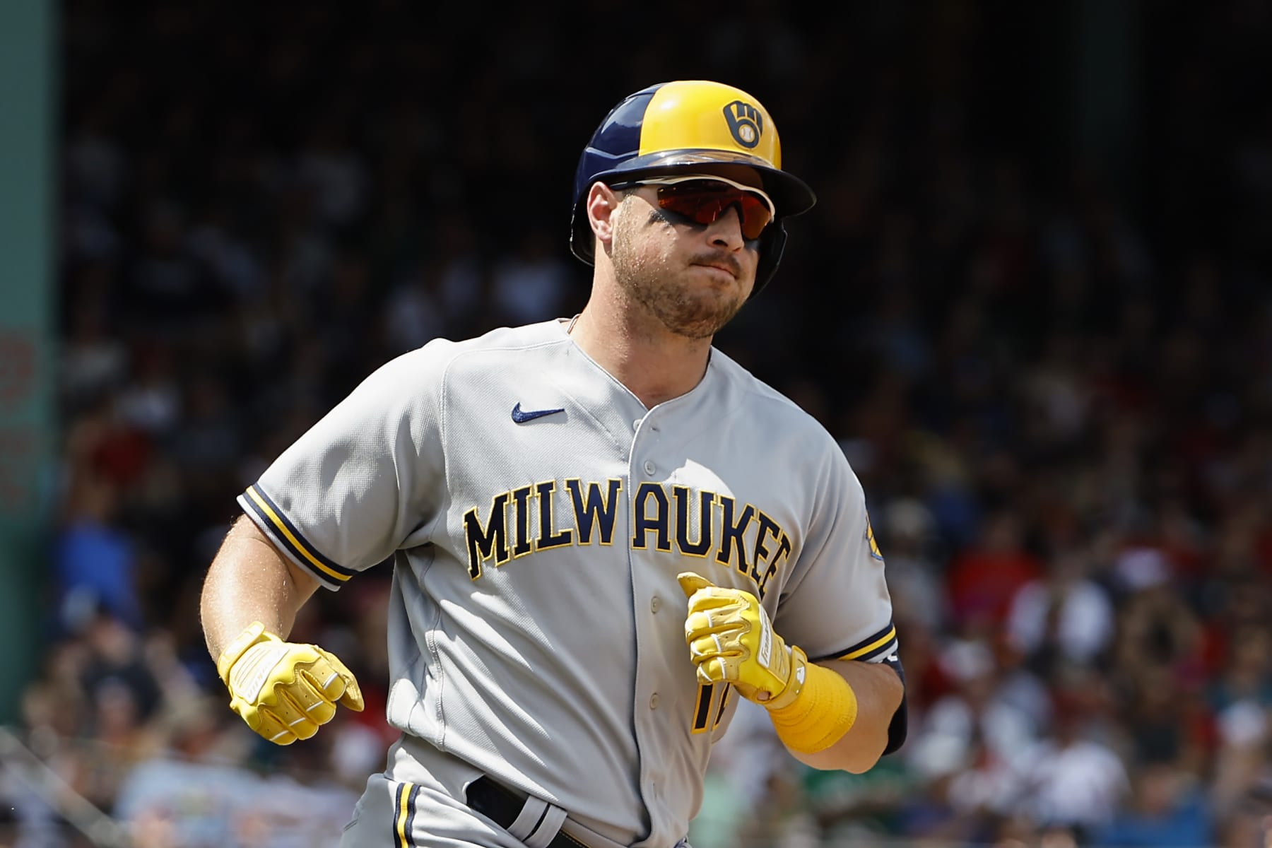 BOSTON, MA - JULY 31: Hunter Renfroe #12 of the Milwaukee Brewers rounds the bases after a home run against the Boston Red Sox during the second inning at Fenway Park on July 31, 2022 in Boston, Massachusetts. (Photo By Winslow Townson/Getty Images)