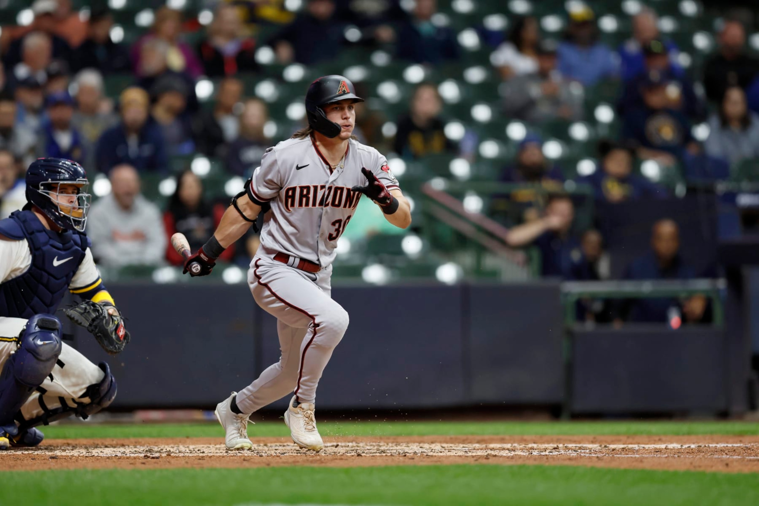 Baseball: Arizona Diamondbacks Jake McCarthy (30) in action, hitting and running to first base vs Milwaukee Brewers at American Family Field.
Milwaukee, WI 10/3/2022
CREDIT: David E. Klutho (Photo by David E. Klutho/Sports Illustrated via Getty Images)
(Set Number: X164184 TK1) Baseball: Arizona Diamondbacks Jake McCarthy (30) in action, hitting and running to first base vs Milwaukee Brewers at American Family Field.
Milwaukee, WI 10/3/2022
CREDIT: David E. Klutho (Photo by David E. Klutho/Sports Illustrated via Getty Images)
(Set Number: X164184 TK1)