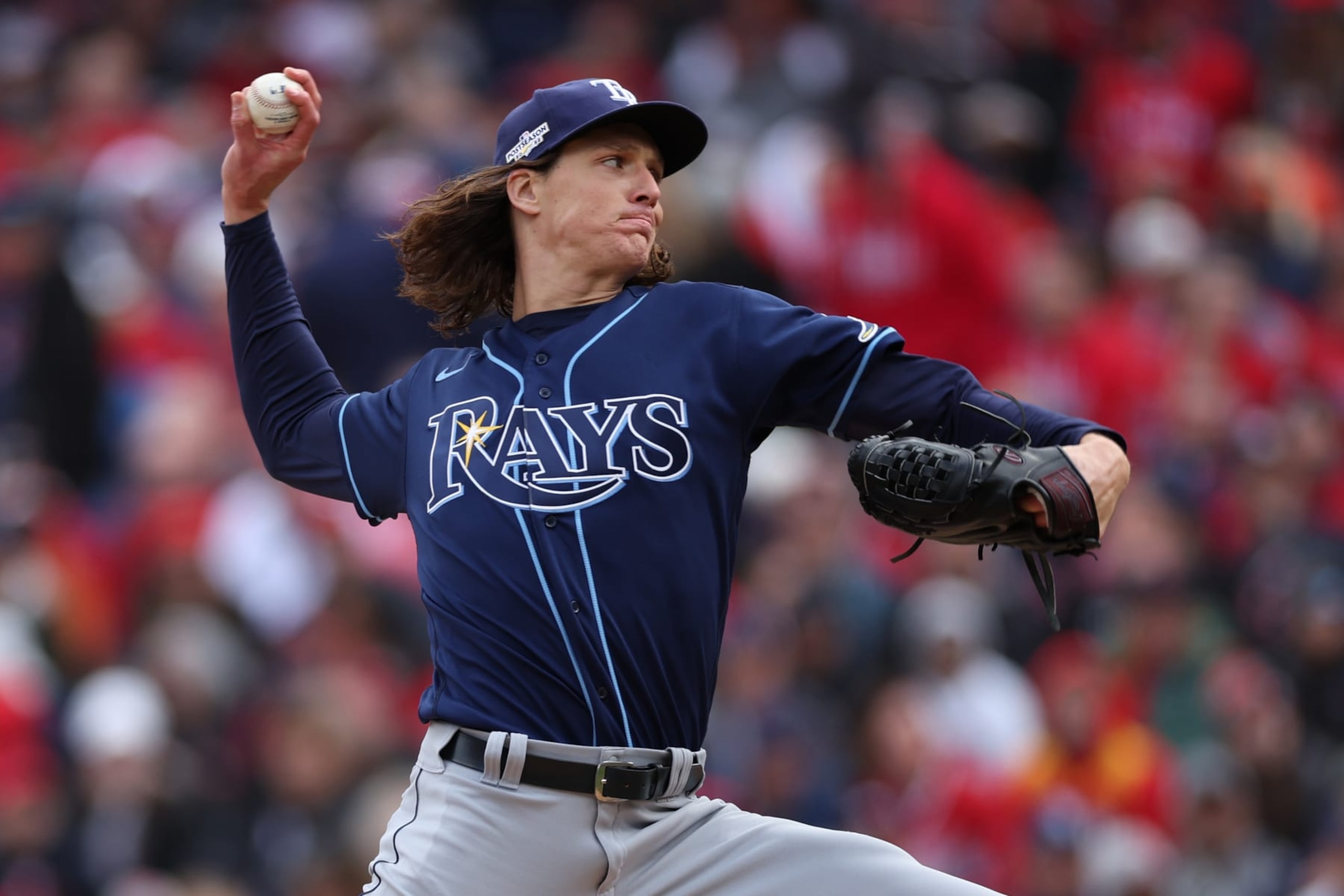 CLEVELAND, OHIO - OCTOBER 08: Tyler Glasnow #20 of the Tampa Bay Rays throws a pitch in the first inning against the Cleveland Guardians in game two of the Wild Card Series at Progressive Field on October 08, 2022 in Cleveland, Ohio. (Photo by Patrick Smith/Getty Images) CLEVELAND, OHIO - OCTOBER 08: Tyler Glasnow #20 of the Tampa Bay Rays throws a pitch in the first inning against the Cleveland Guardians in game two of the Wild Card Series at Progressive Field on October 08, 2022 in Cleveland, Ohio. (Photo by Patrick Smith/Getty Images)
